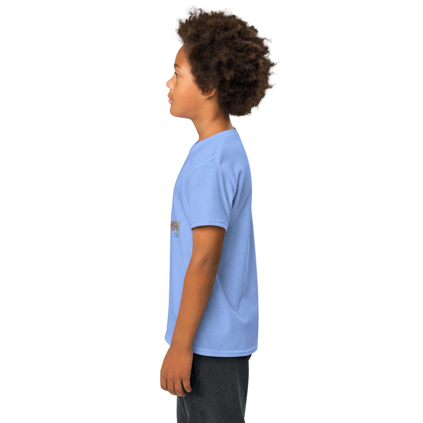 Youth moisture-wicking t-shirt in light blue worn by a kid, showcasing comfort and modern fit for active days.