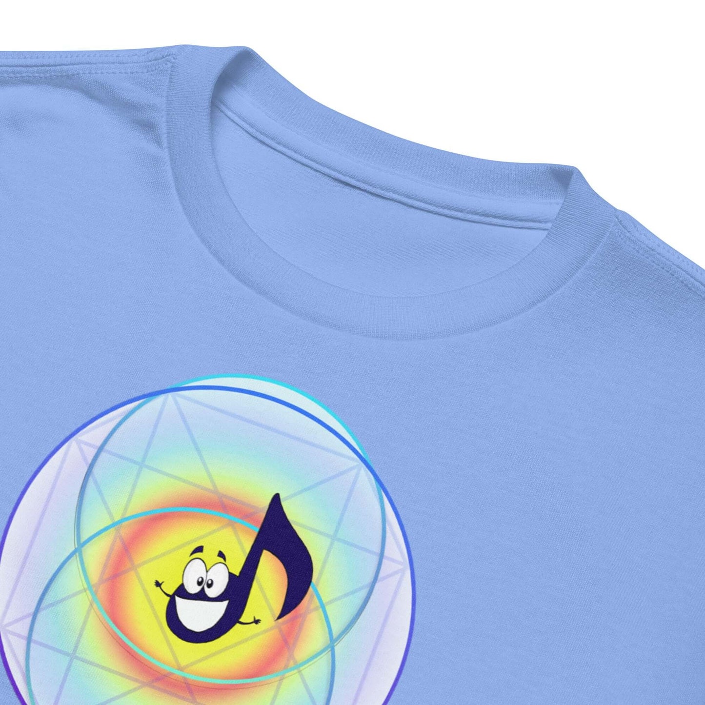 Light blue youth t-shirt featuring a smiling music note design and colorful circular pattern.