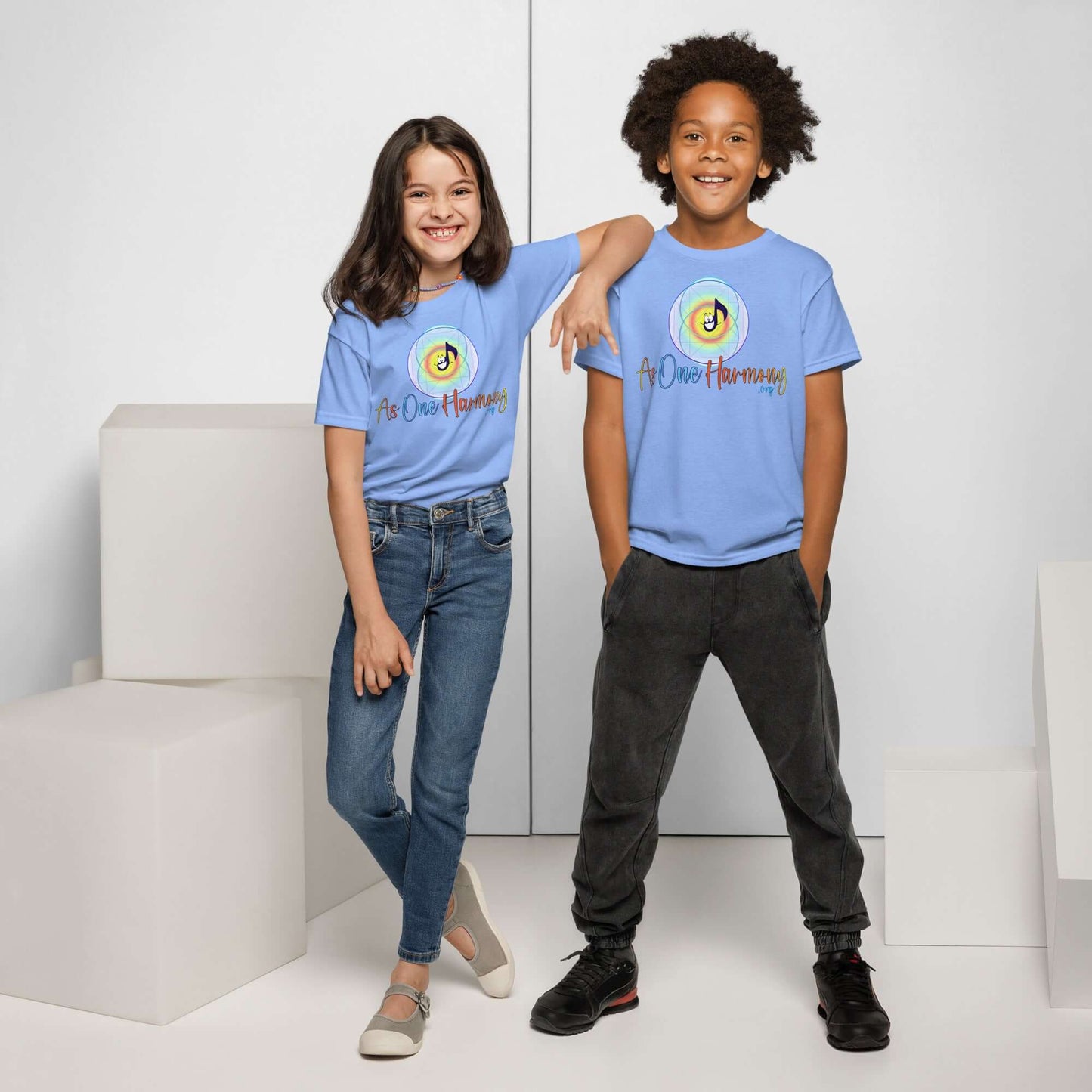 Two kids wearing As One Harmony moisture-wicking t-shirts, showcasing comfort and modern style.