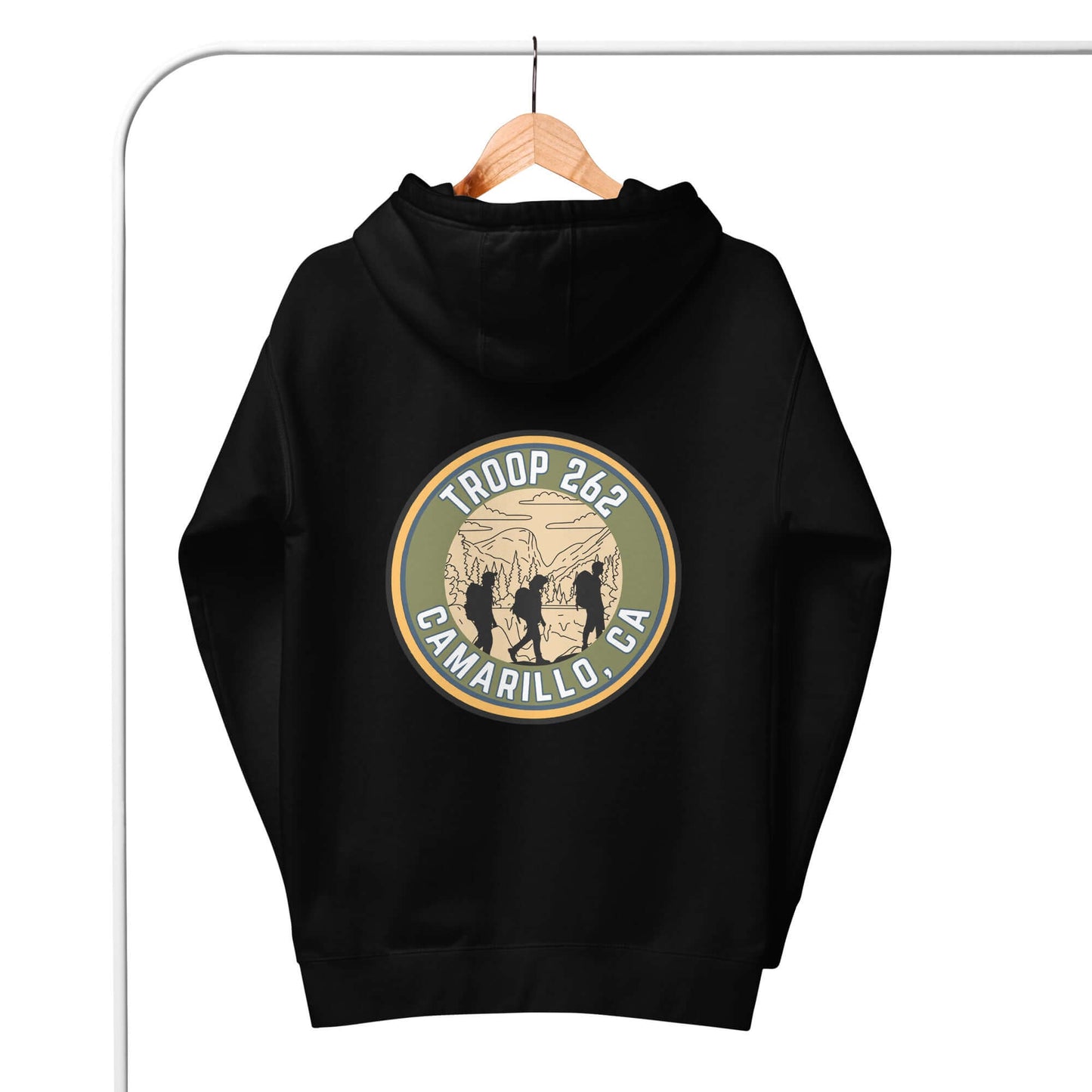 Black hoodie featuring Troop 262 Camarillo CA logo on the back, ideal for outdoor activities and casual wear.