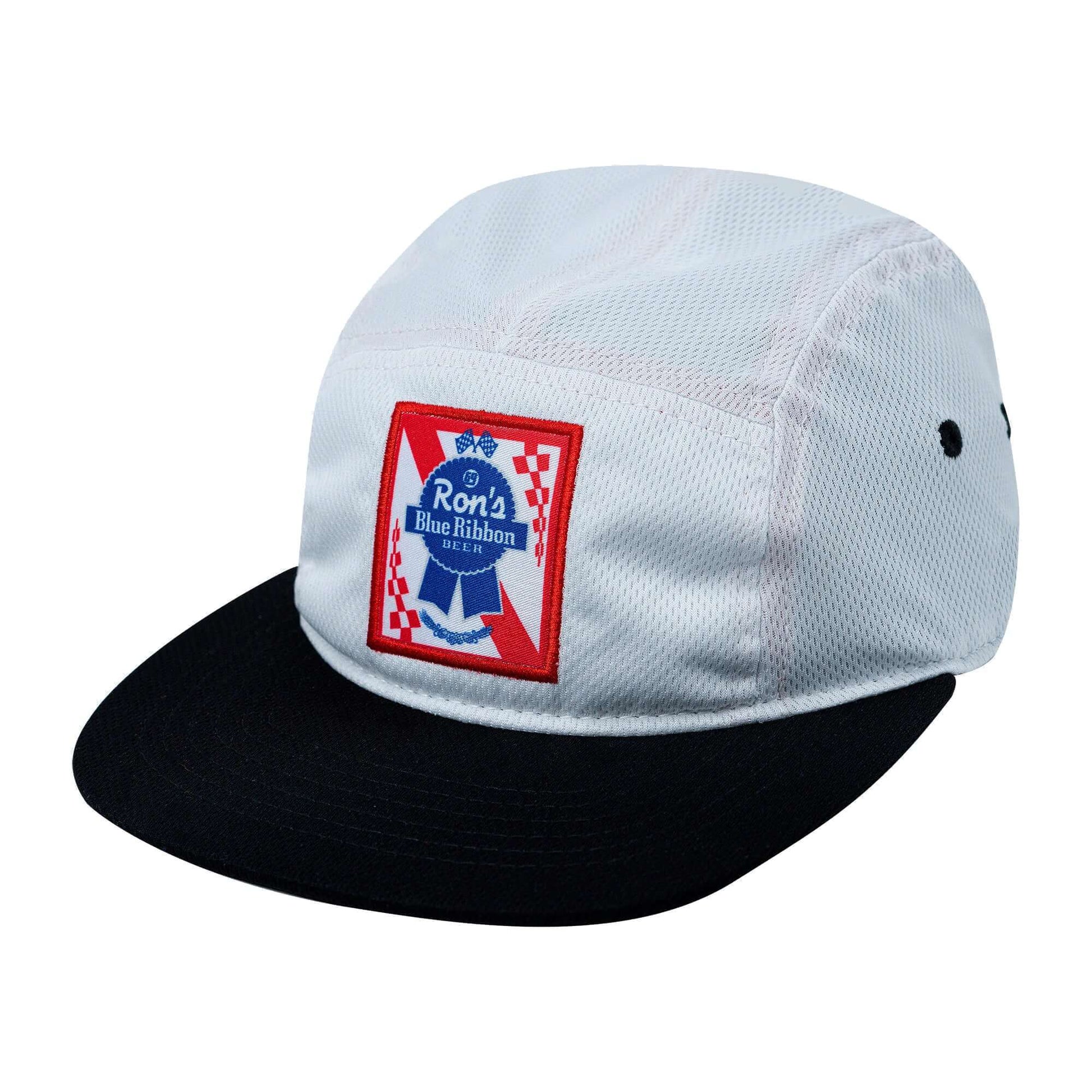Blue Ribbon Camper Hat with Ron's logo, race-ready style, made of soft micromesh, perfect for outdoor events and races.