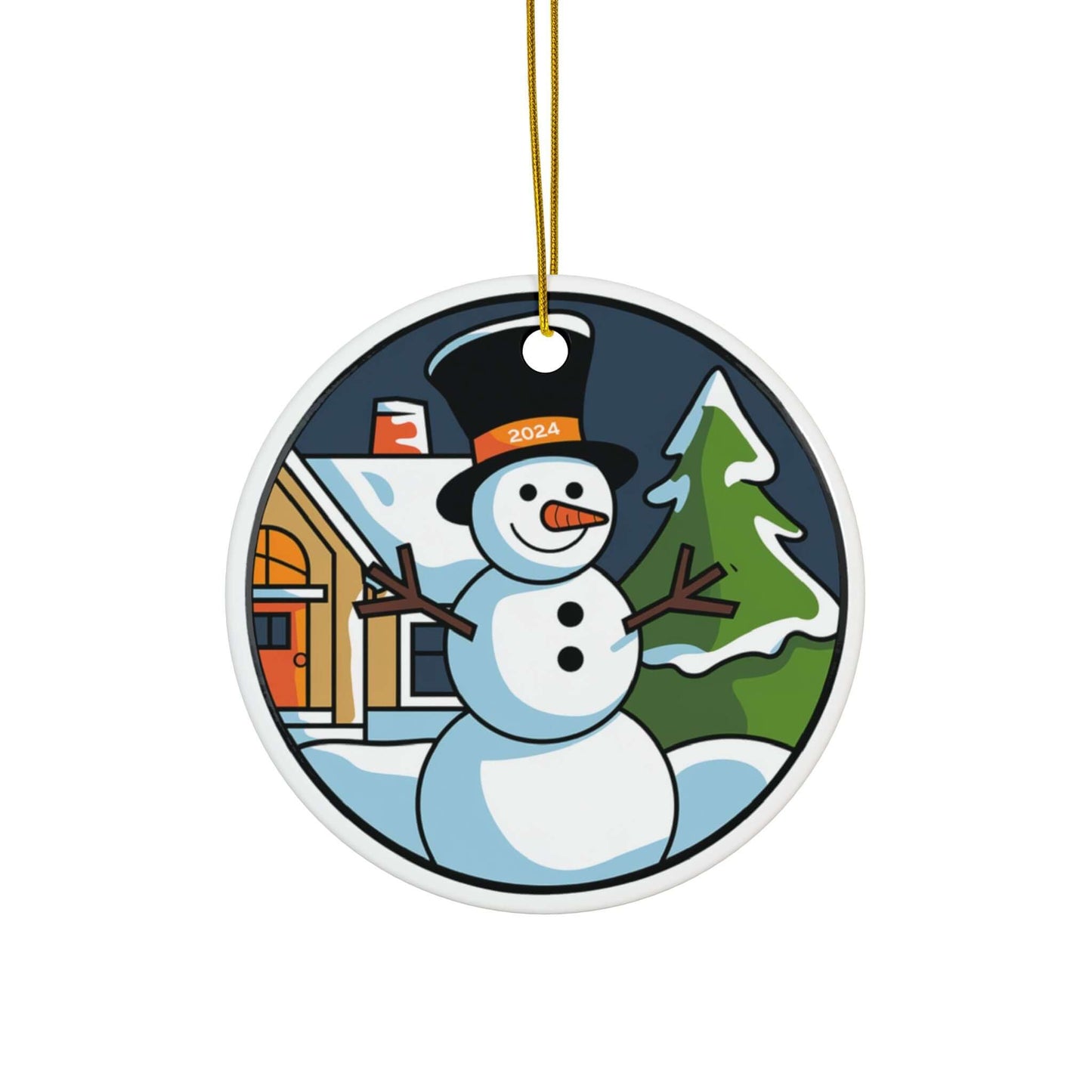 Charming snowman ceramic ornament with top hat, cozy house, and tree, perfect for festive Christmas tree decoration.