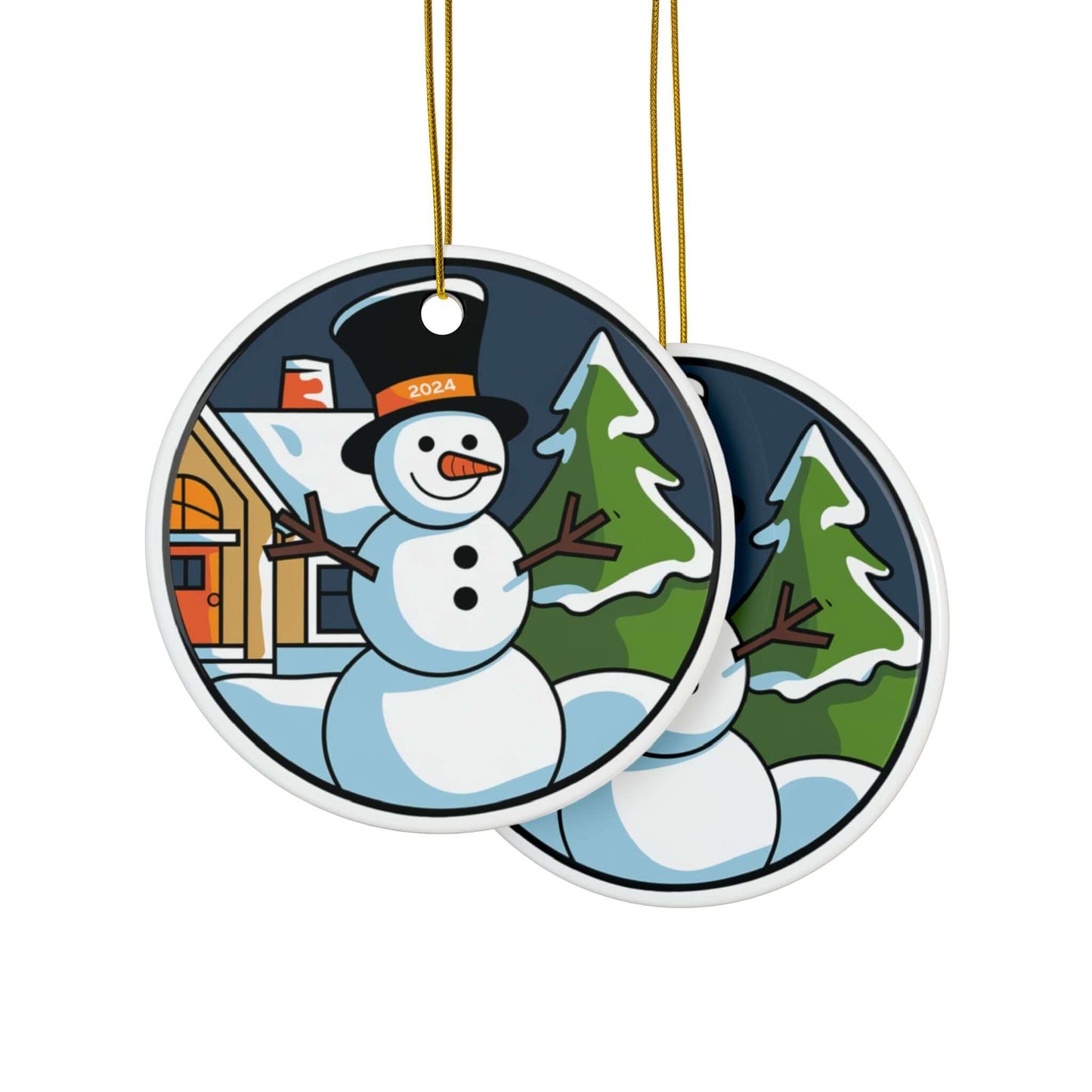Ceramic Christmas ornament with cheerful snowman, top hat, carrot nose, cozy house, and pine trees, two-sided holiday scene.