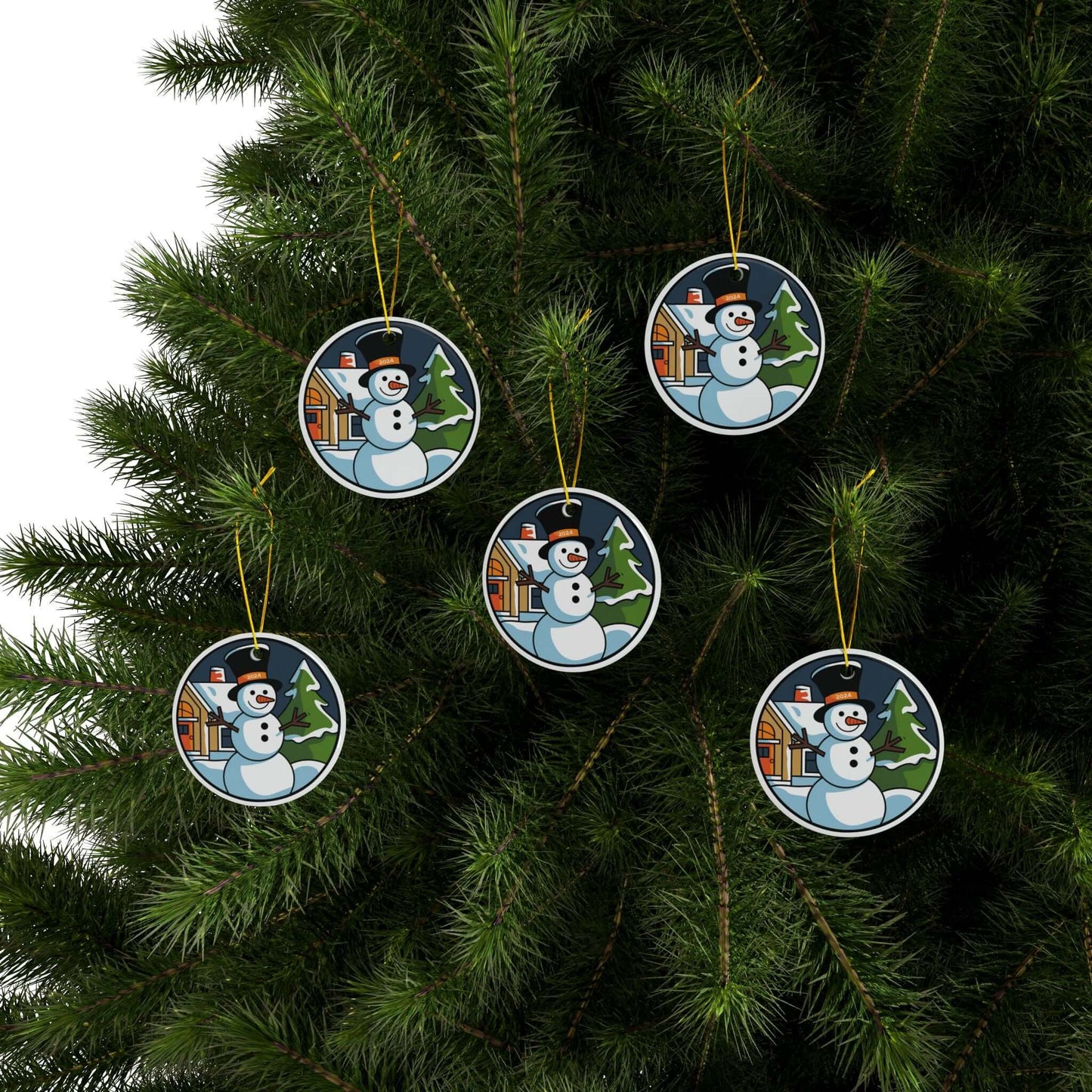 Ceramic ornaments featuring snowman holiday scene on Christmas tree, set of five with two-sided print.