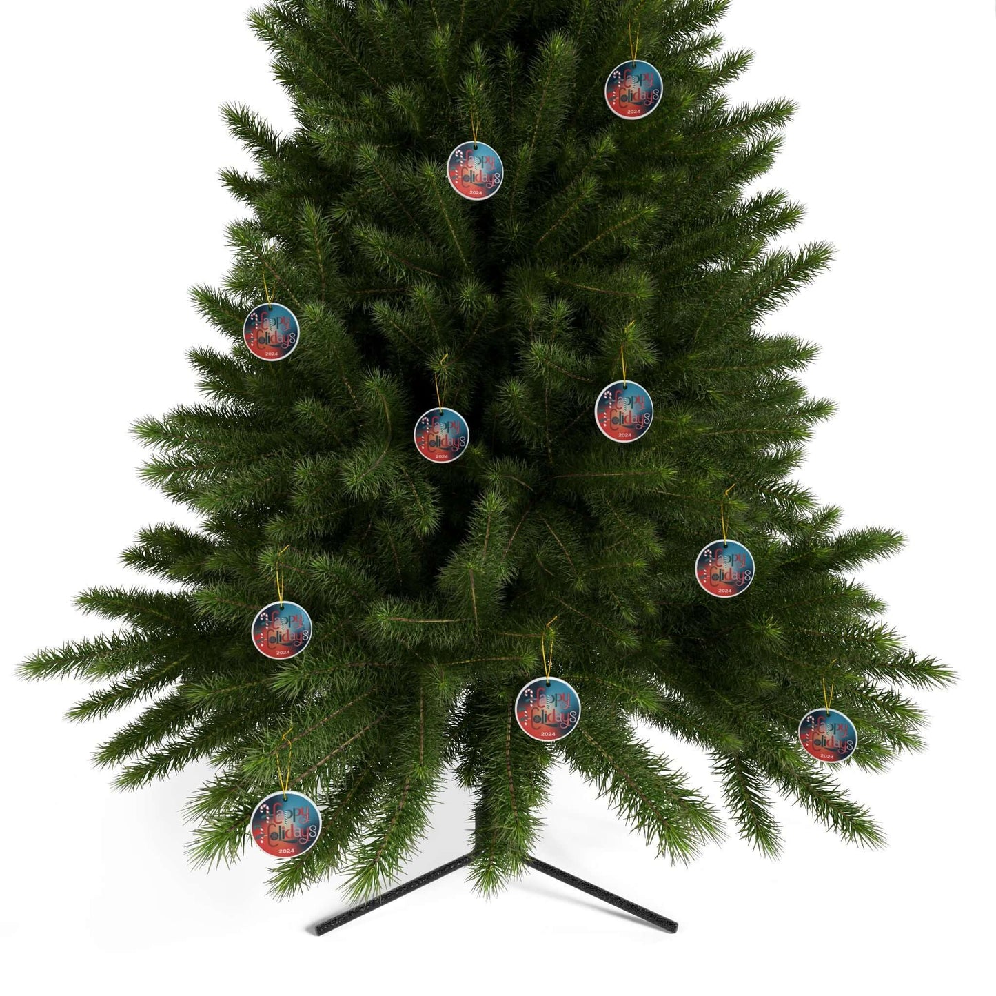 Christmas tree adorned with 'Happy Holidays' ceramic ornaments in vibrant blue and orange, showcasing a two-sided festive print.