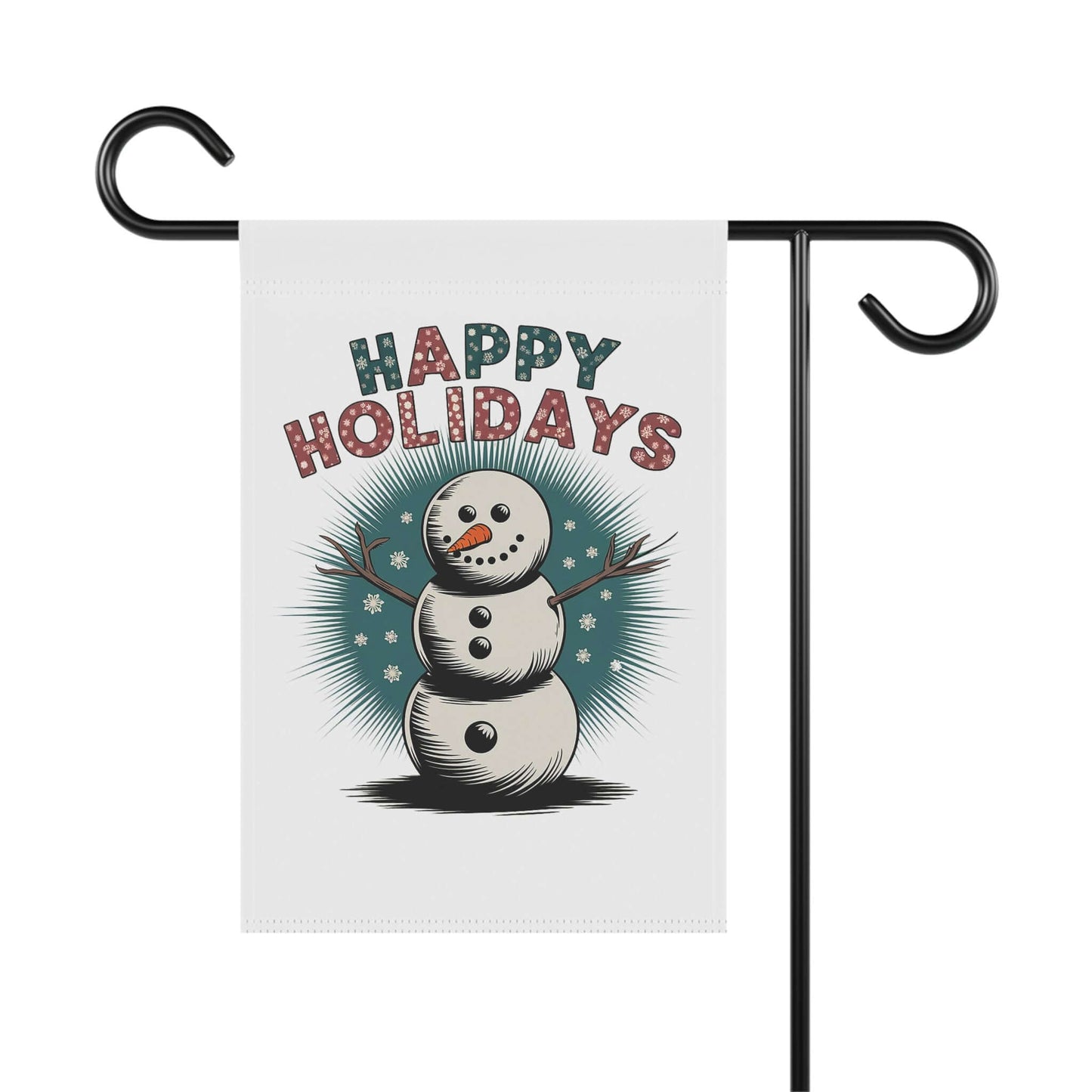 Cheerful snowman holiday banner with "Happy Holidays" text in festive font, featuring a snowman with a carrot nose and coal eyes.