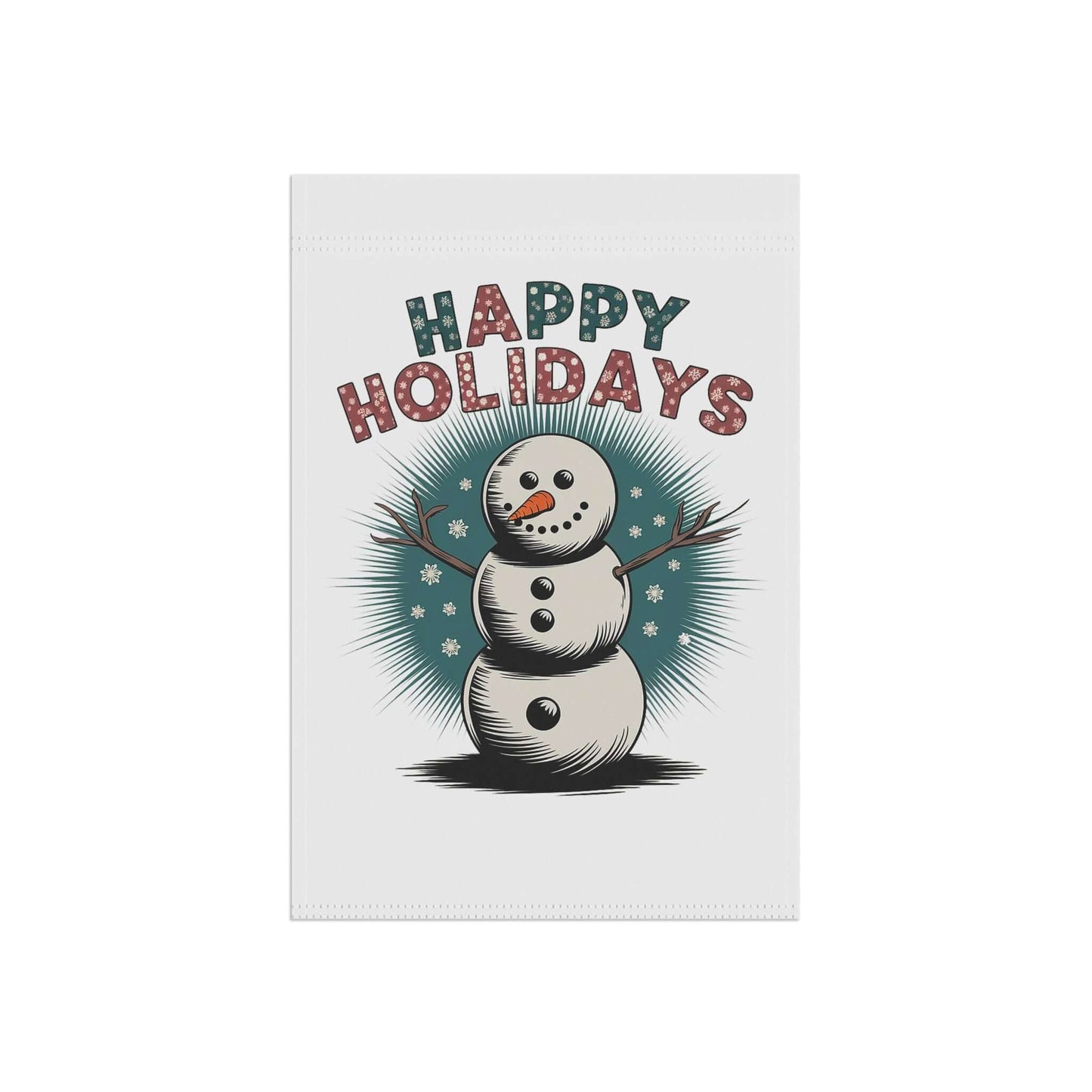 Festive banner with cheerful snowman and "Happy Holidays" message in holiday font, featuring carrot nose and coal eyes.