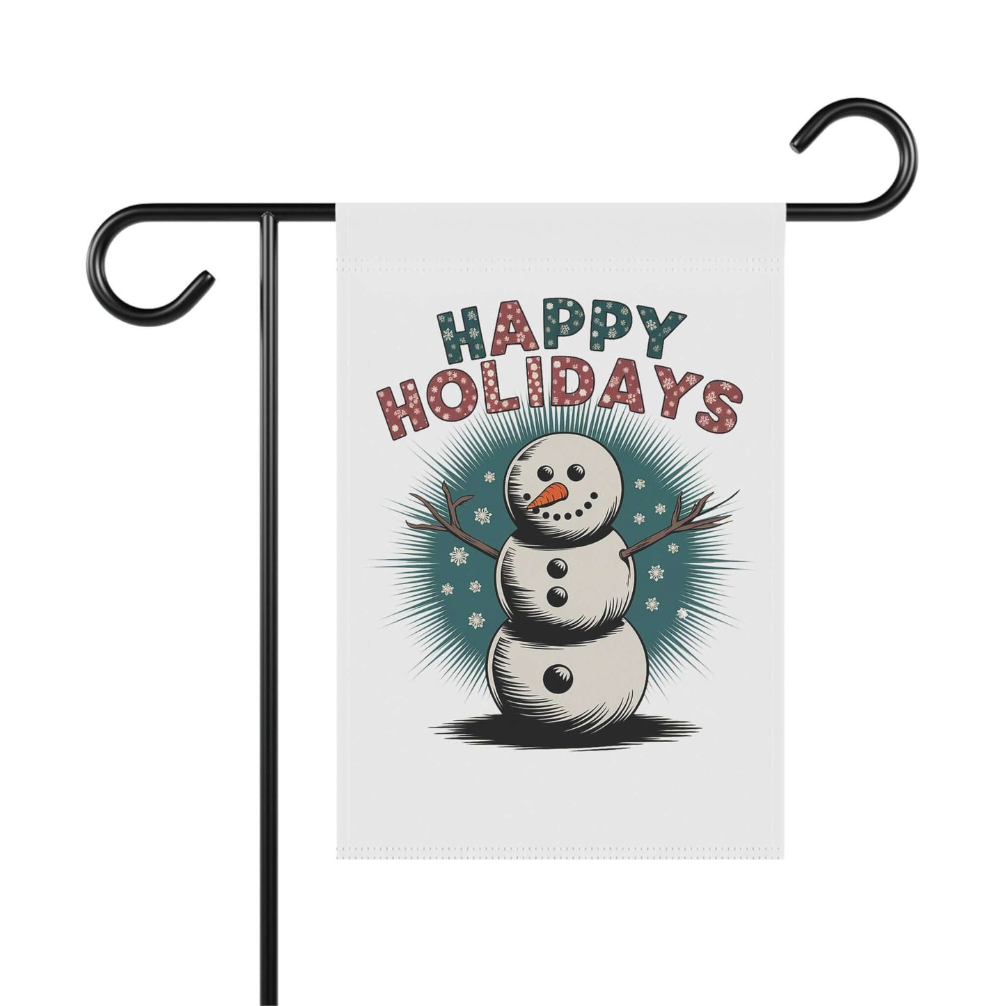 Cheerful snowman holiday banner with "Happy Holidays" text in festive font, featuring carrot nose and coal eyes on durable poly fabric.