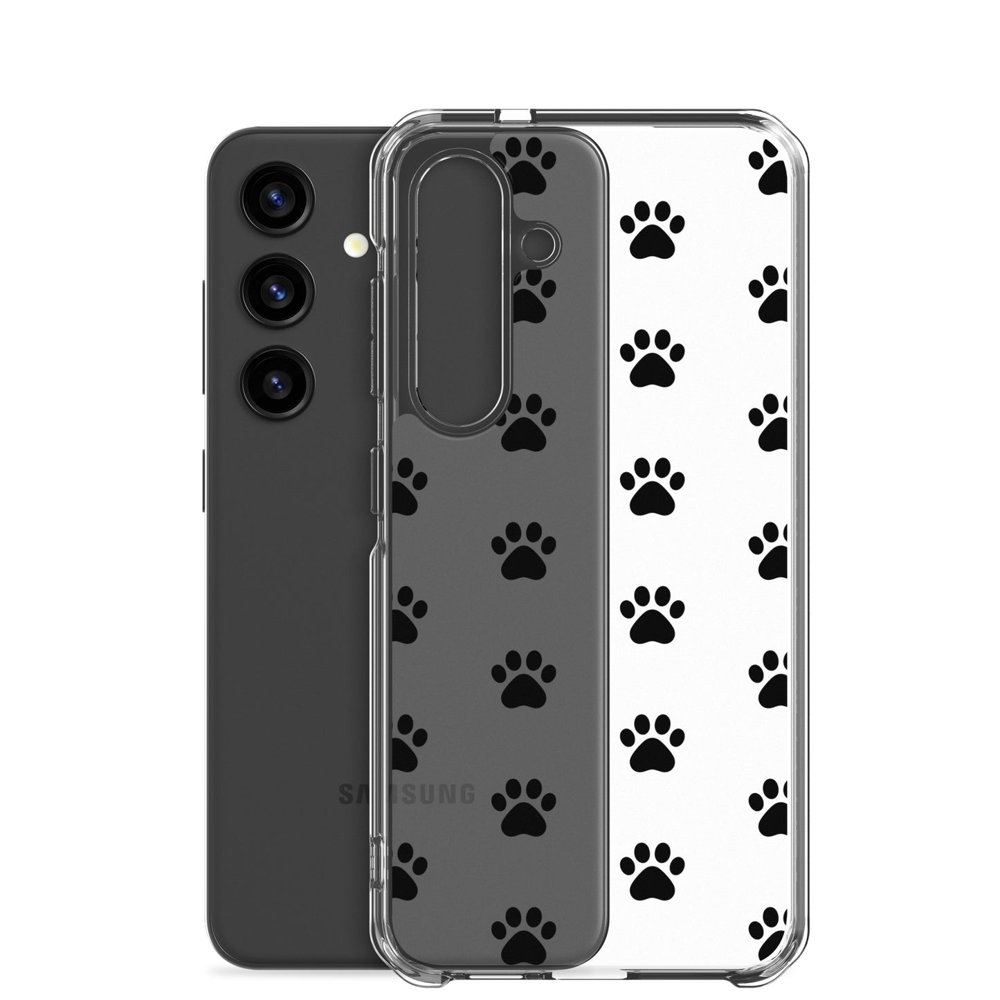 Phone Case for Samsung Galaxy with a playful paw print pattern in a transparent design.