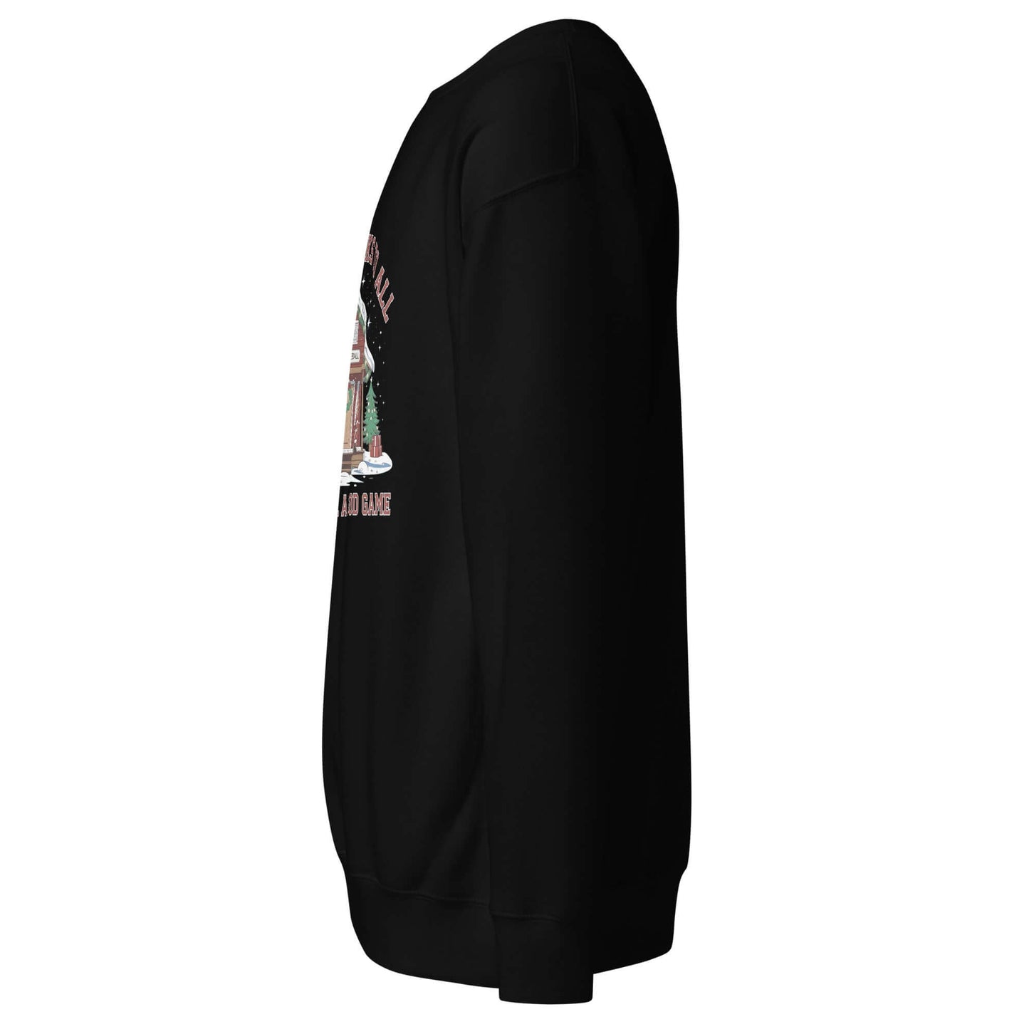 Side view of black Merry Dinks holiday sweatshirt featuring a pickleball-themed cabin design with festive elements.