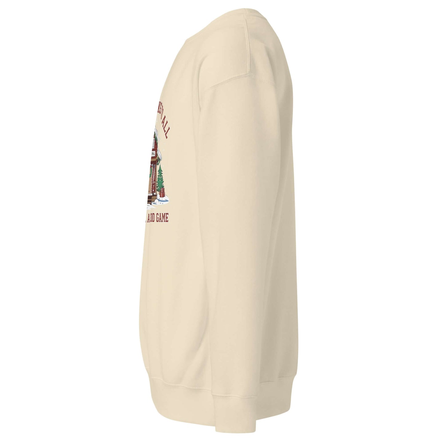 Side view of a Merry Dinks Holiday Sweatshirt with a pickleball cabin design on a cream fabric, perfect for festive celebrations.