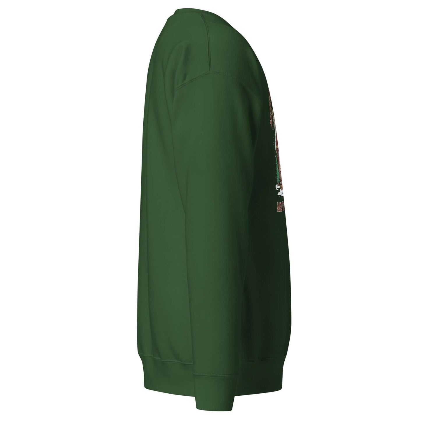 Side view of green Cozy Pickleball Cabin Merry Dinks Holiday Sweatshirt with festive pickleball-themed design.