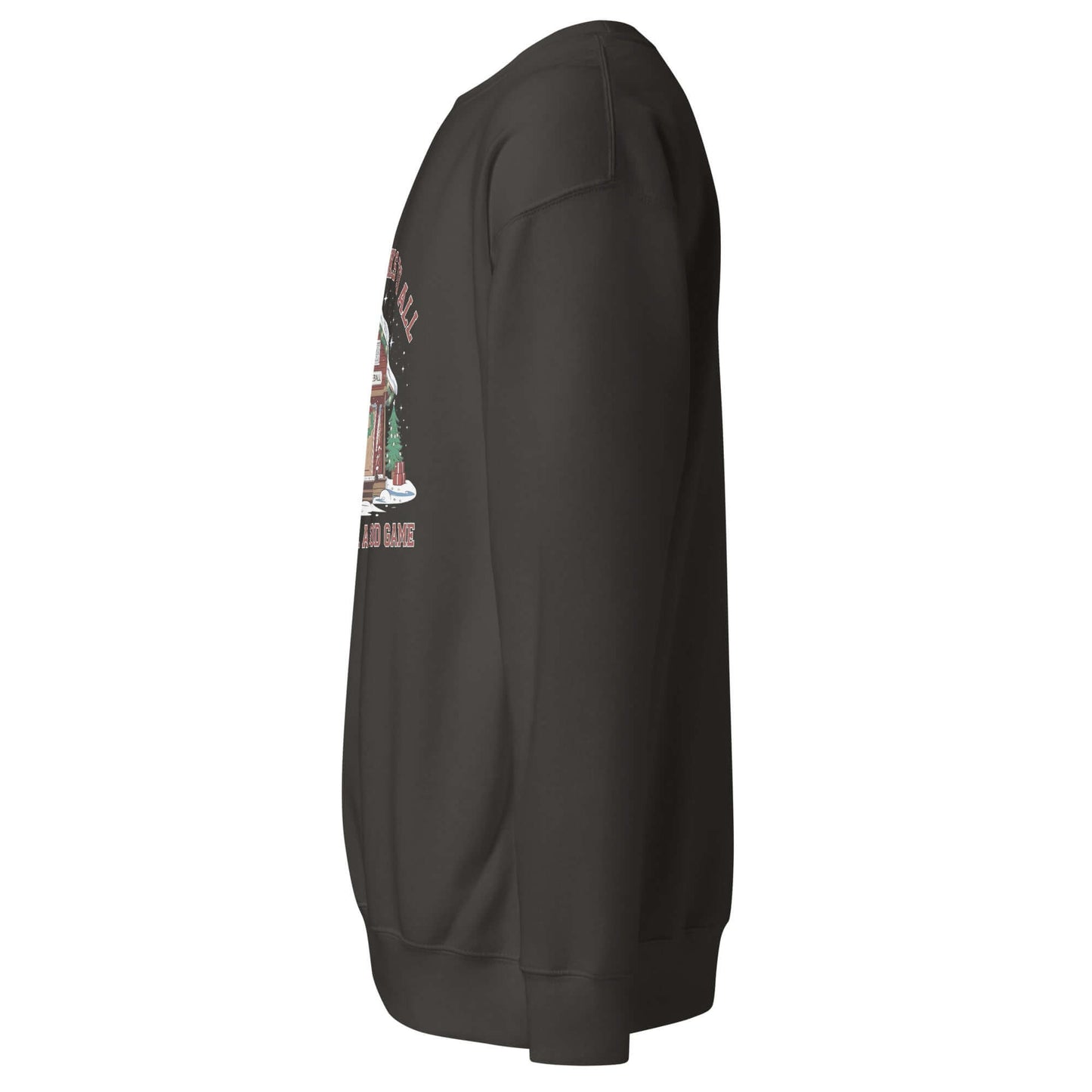 Side view of Cozy Pickleball Cabin Merry Dinks Holiday Sweatshirt with festive pickleball-themed cabin design.