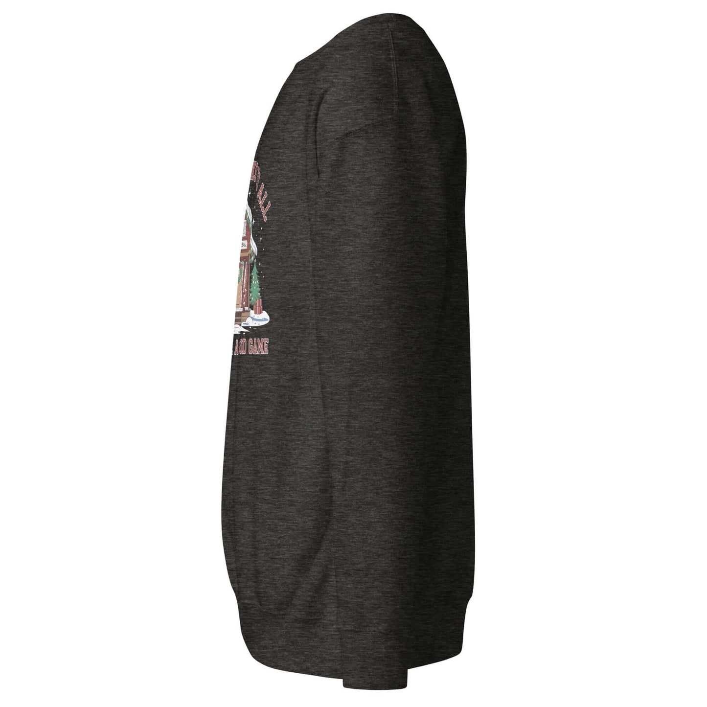 Side view of a cozy Merry Dinks holiday sweatshirt with pickleball cabin design, perfect for festive season fashion.