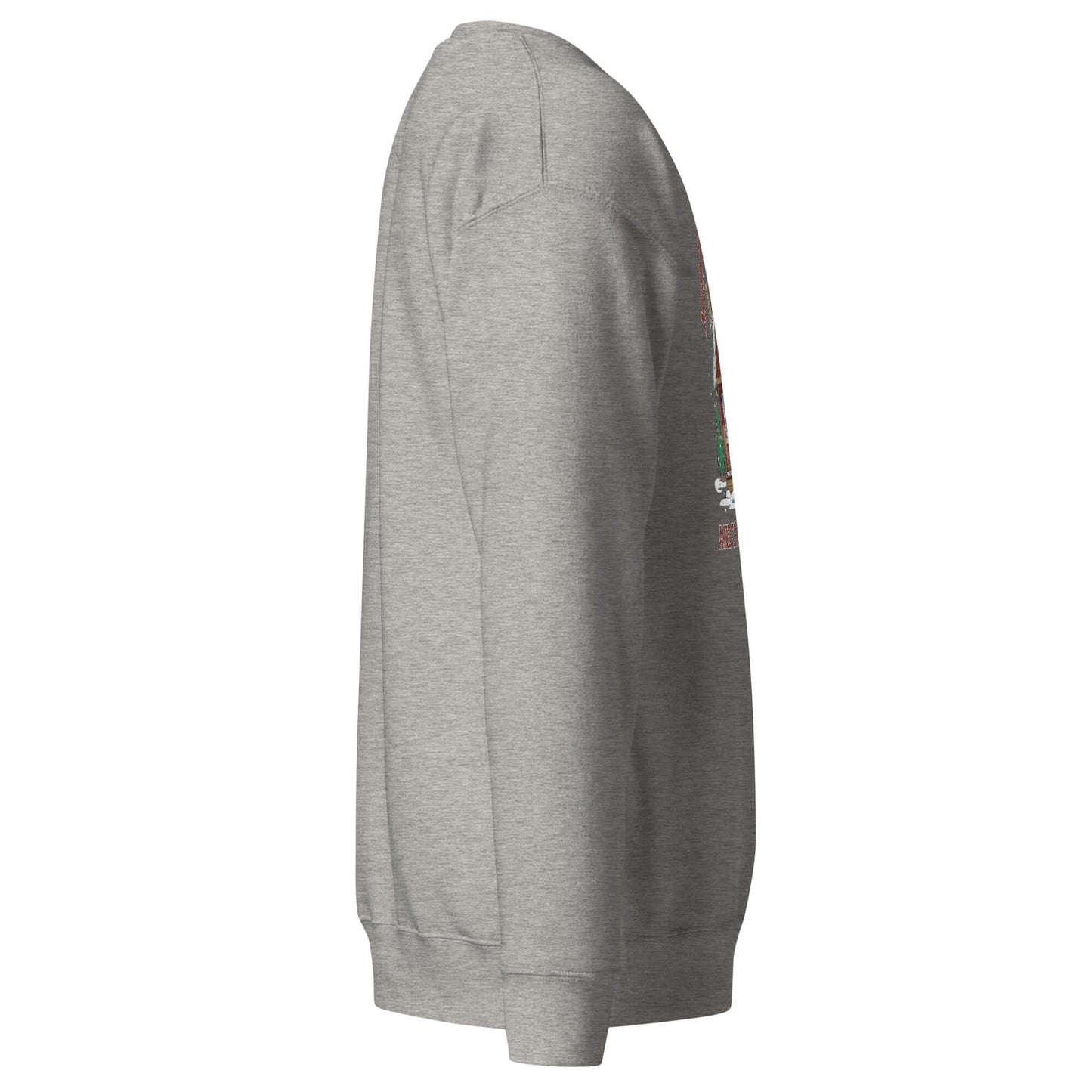 Side view of Cozy Pickleball Cabin Merry Dinks Holiday Sweatshirt showcasing festive design on gray fabric.