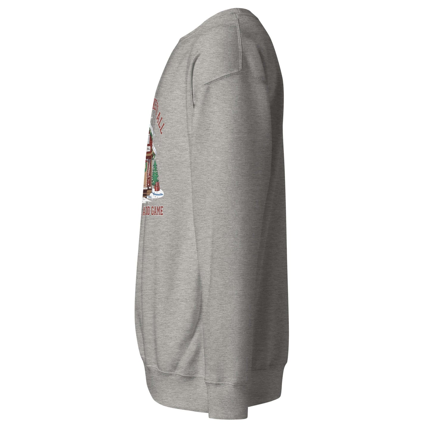 Side view of grey Merry Dinks holiday sweatshirt with a pickleball-themed cabin design. Perfect for festive cozy comfort.