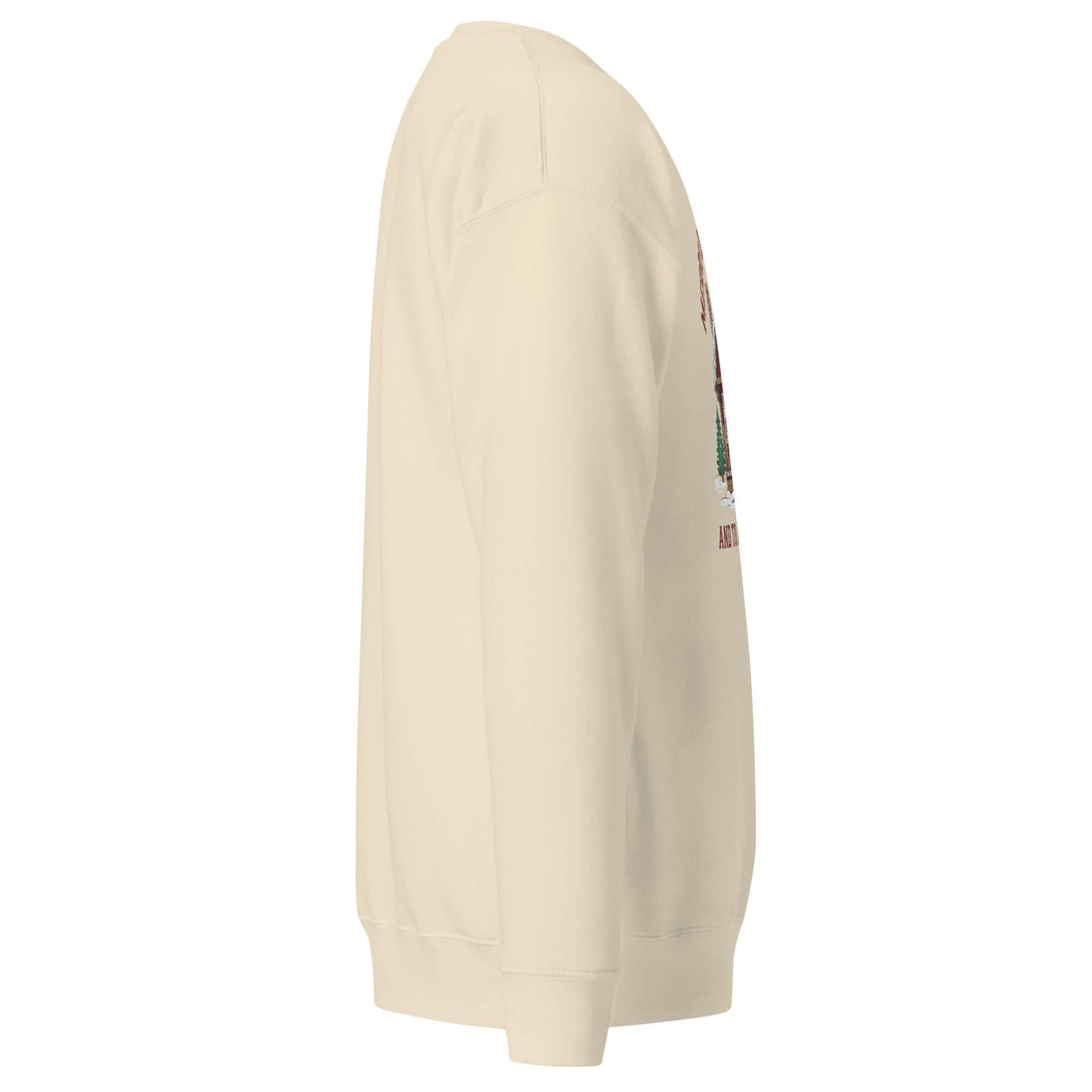 Side view of Cozy Pickleball Cabin Merry Dinks Holiday Sweatshirt featuring festive pickleball design on cream fabric.