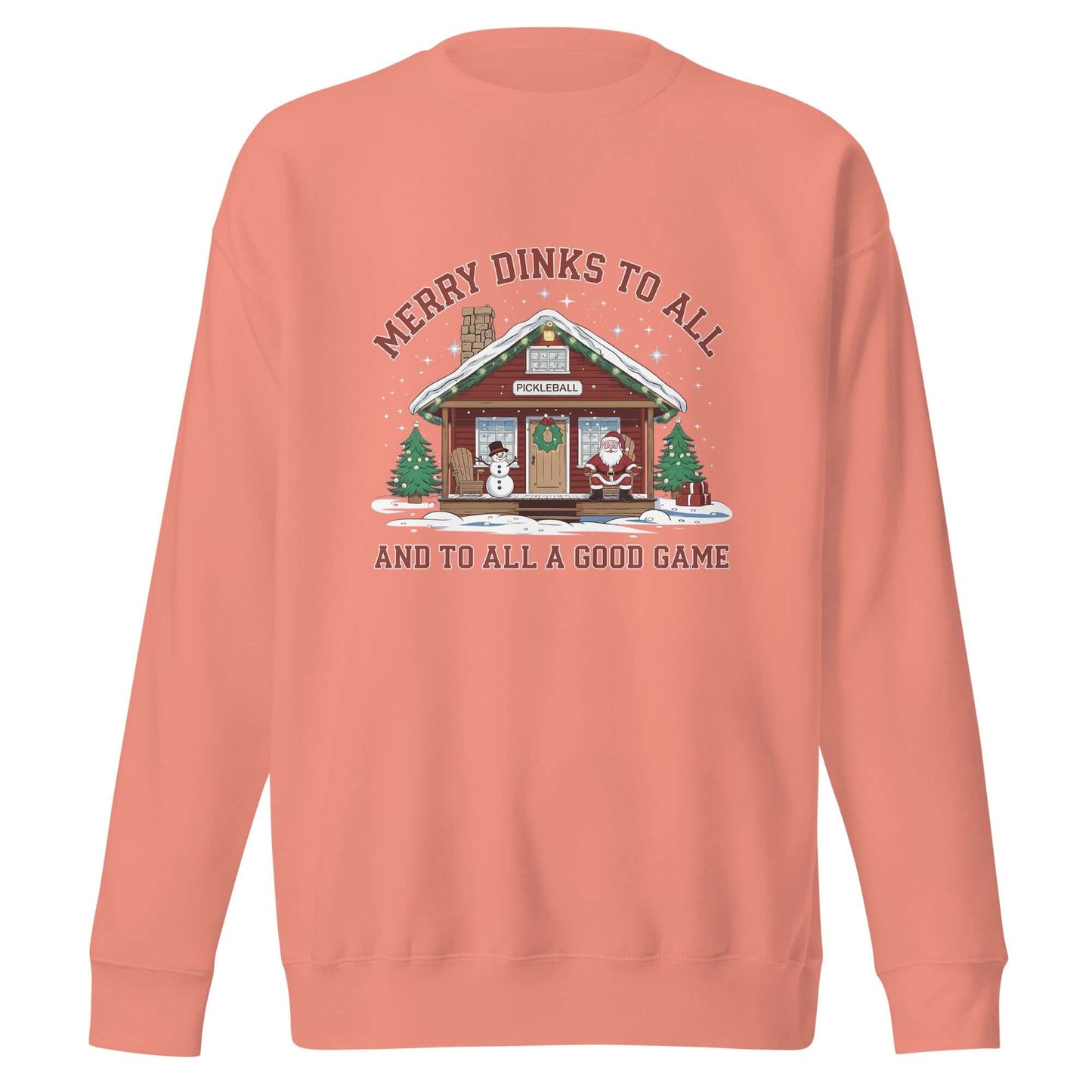 Cozy Merry Dinks holiday sweatshirt with pickleball cabin, snowman, and Santa Claus illustration, perfect for festive pickleball fans.
