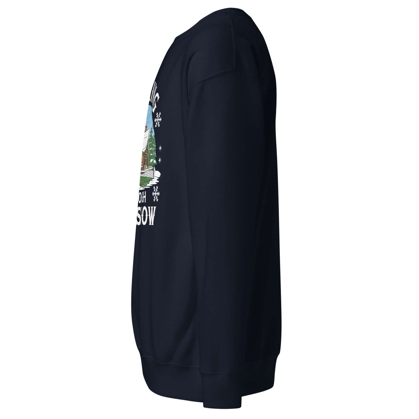 left side of Dinking Through the Snow: Cozy Pickleball Sweatshirt for Holiday Enthusiasts (Navy)