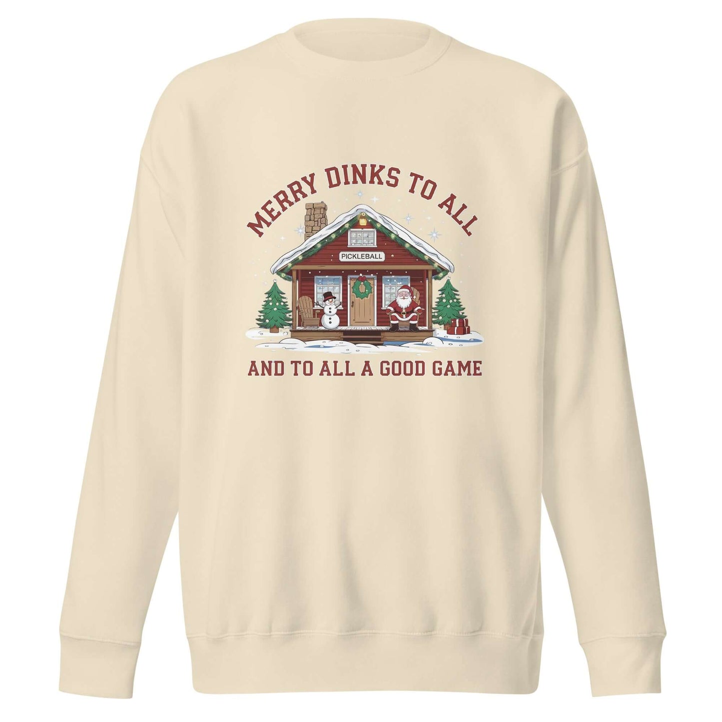 Cozy Pickleball Cabin Merry Dinks Holiday Sweatshirt with festive cabin, snowman, Santa, and Christmas trees design.