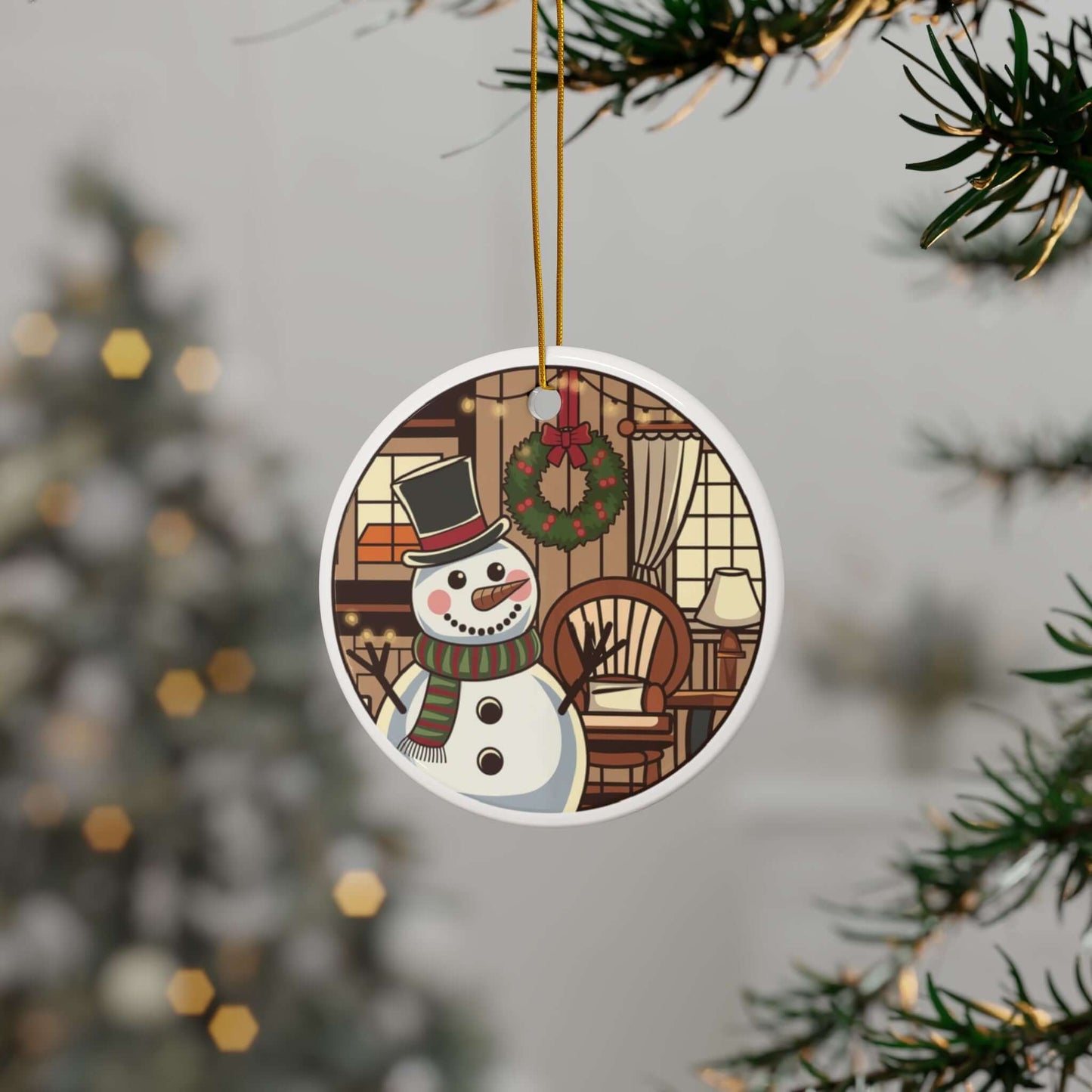 Ceramic ornament with a snowman in Christmas lights, wearing a scarf and hat, cozy room scene with wreath and chair on Christmas tree.