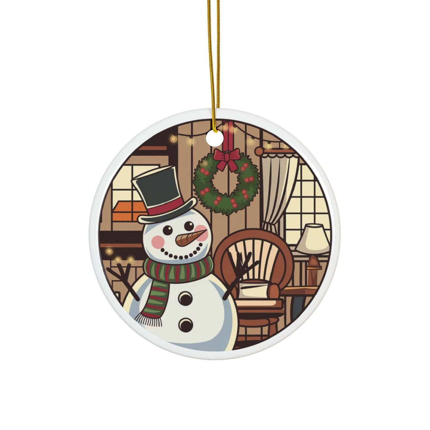 Festive two-sided ceramic ornament featuring a snowman with scarf and top hat, amidst a cozy holiday room with a wreath and wooden chair.