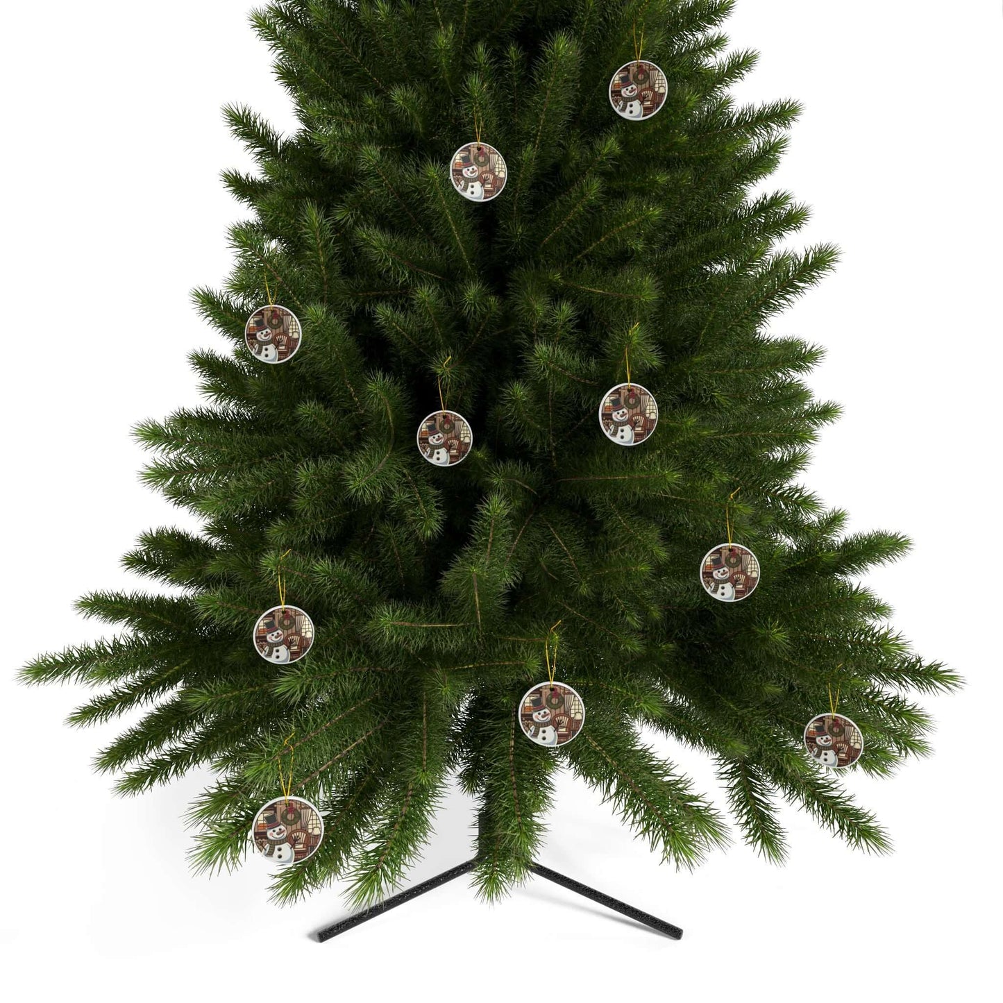Christmas tree adorned with cozy two-sided ceramic ornaments featuring festive snowman design.