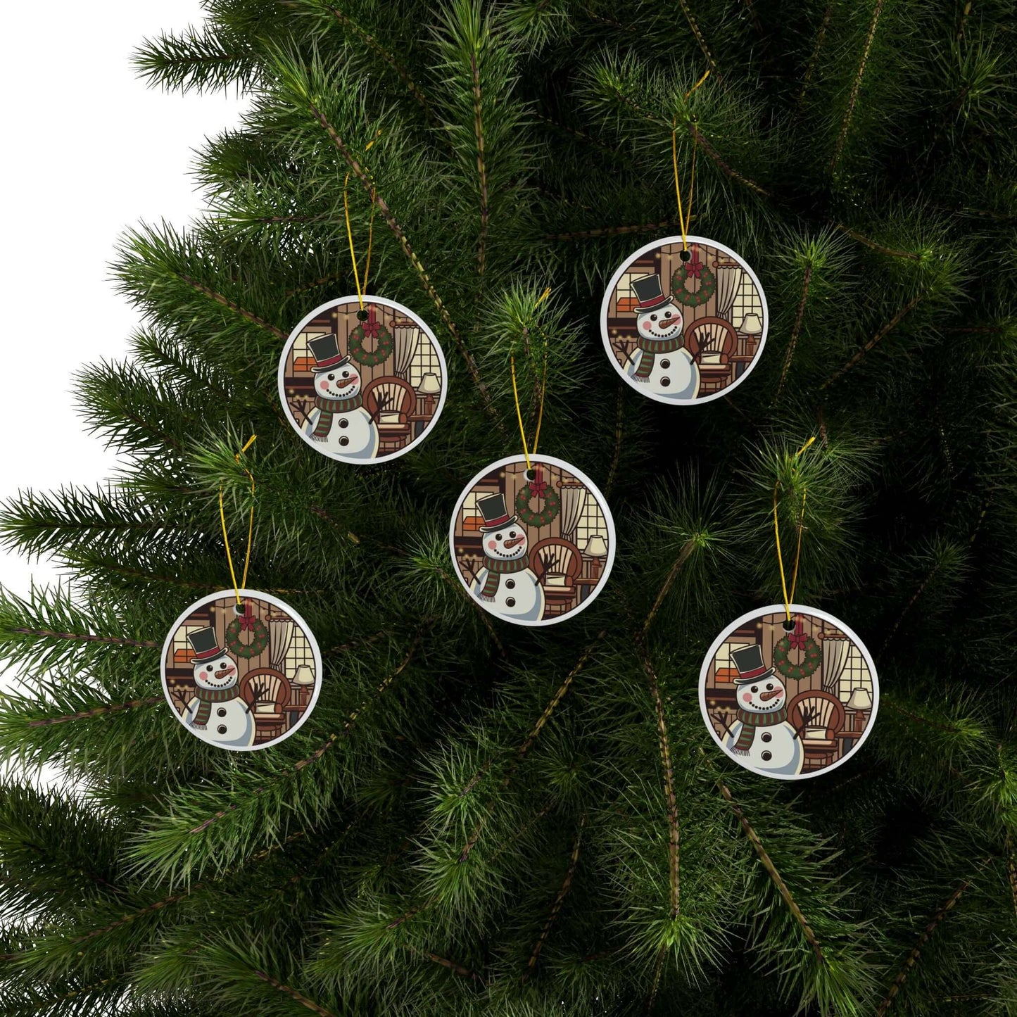 Ceramic ornaments featuring snowman with Christmas lights and cozy room design on a tree.