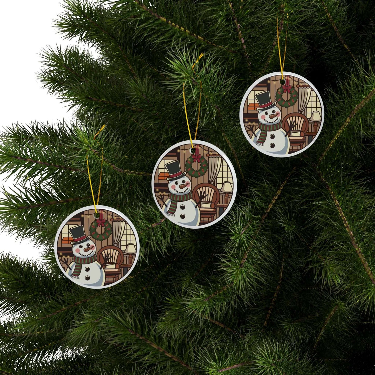 Cozy two-sided ceramic ornaments with snowman, Christmas lights, and festive scene hanging on a tree for holiday décor.