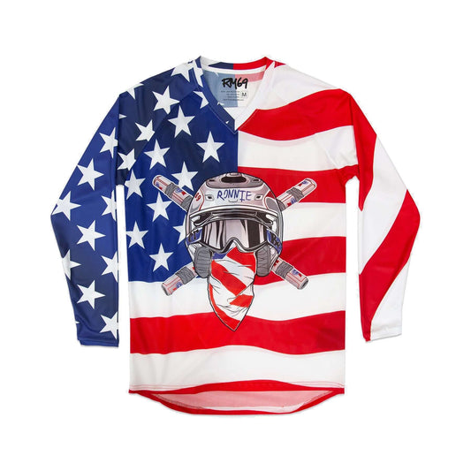 Crossbones Merica Jersey with American flag design and iconic Ronnie Mac graphics for sports enthusiasts.