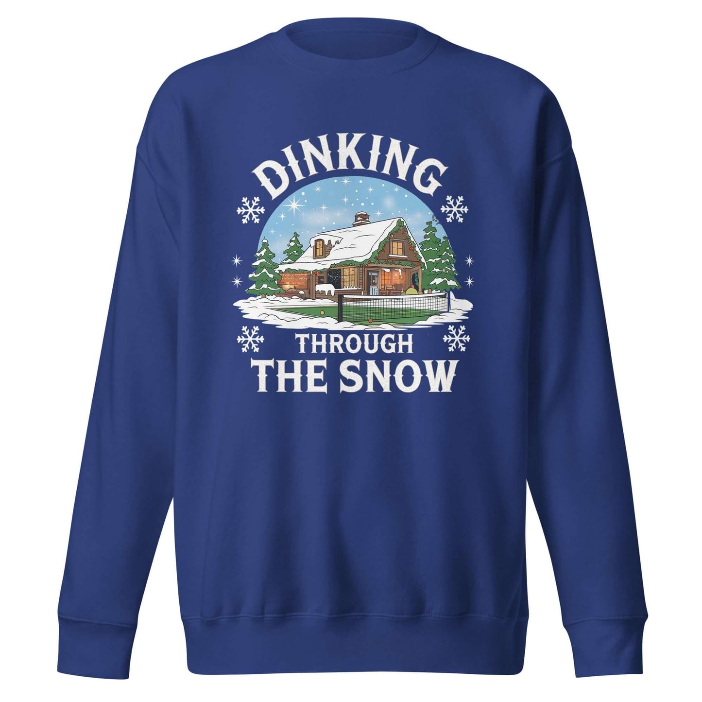 front side of Dinking Through the Snow: Cozy Pickleball Sweatshirt for Holiday Enthusiasts (royal)