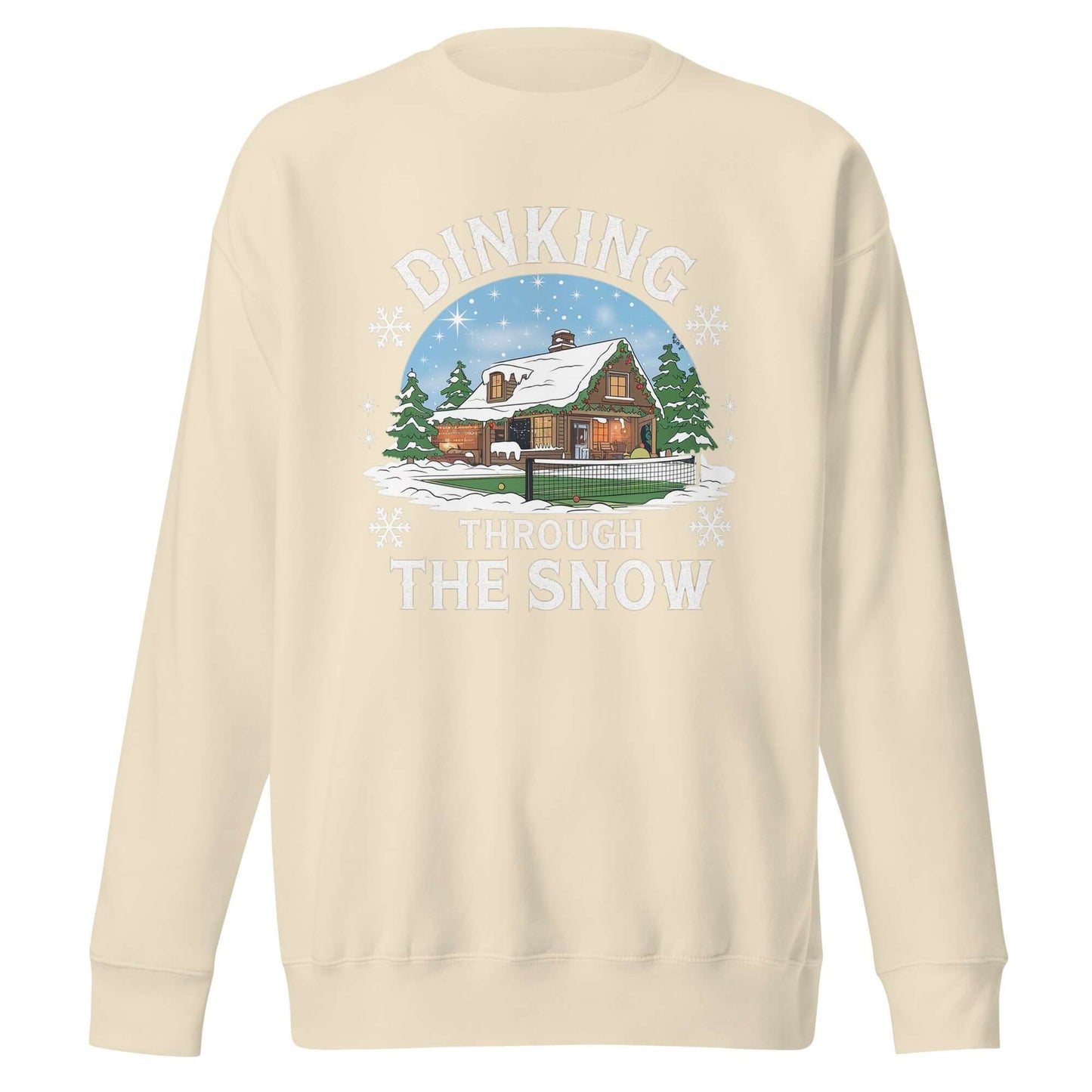 front side of Dinking Through the Snow: Cozy Pickleball Sweatshirt for Holiday Enthusiasts (bone)
