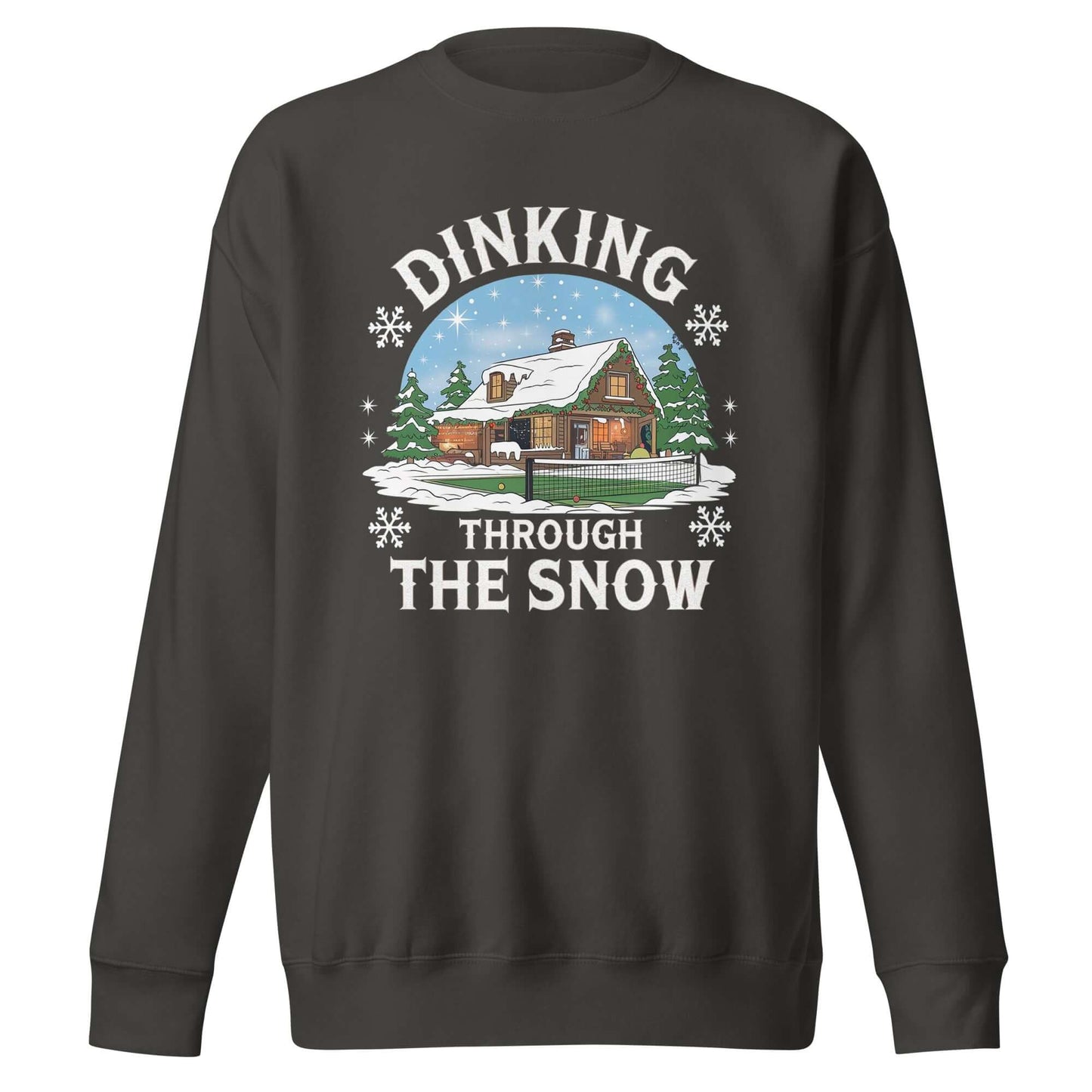 front side of Dinking Through the Snow: Cozy Pickleball Sweatshirt for Holiday Enthusiasts (vintage black)