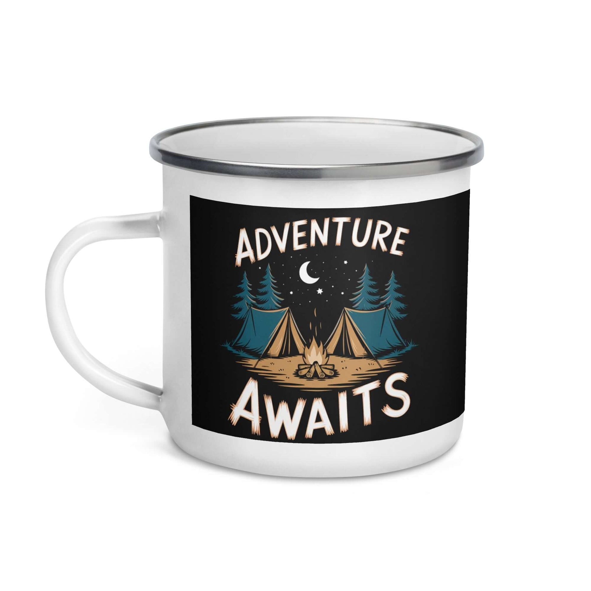 Enamel mug with 'Adventure Awaits' design featuring tents and a campfire against a black background.