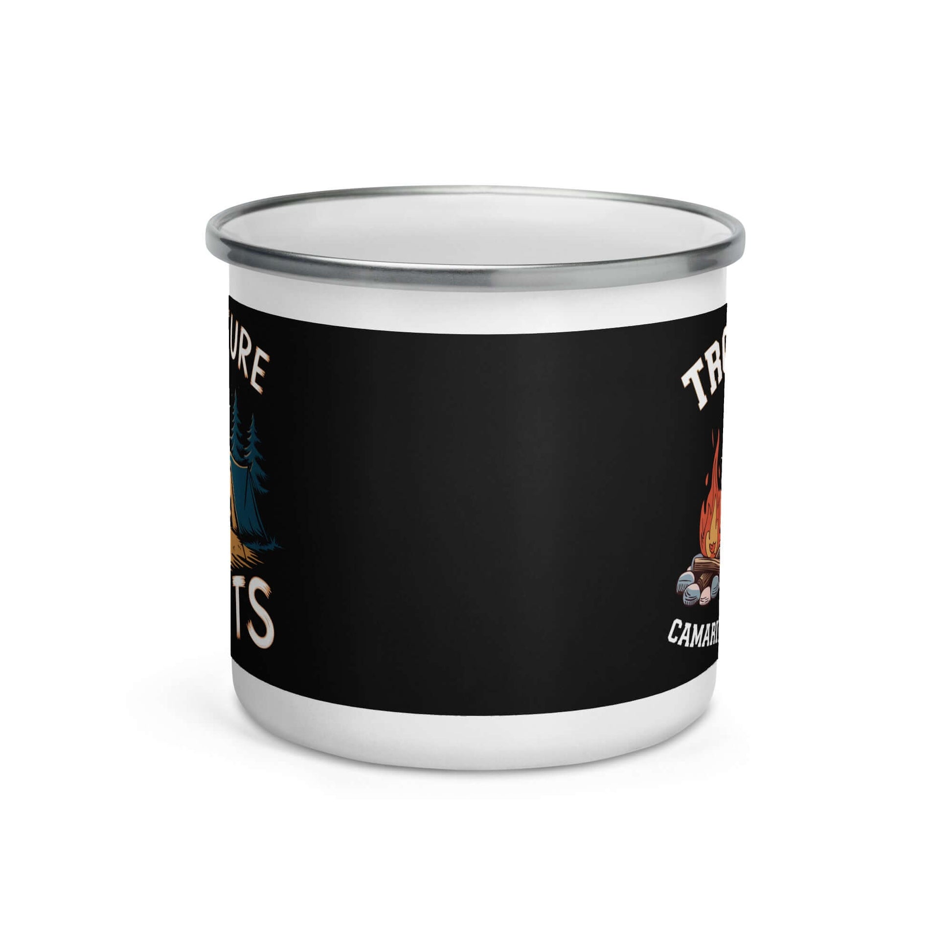 Enamel camper mug featuring camping graphics, lightweight, durable, perfect for beverages or meals while hiking.