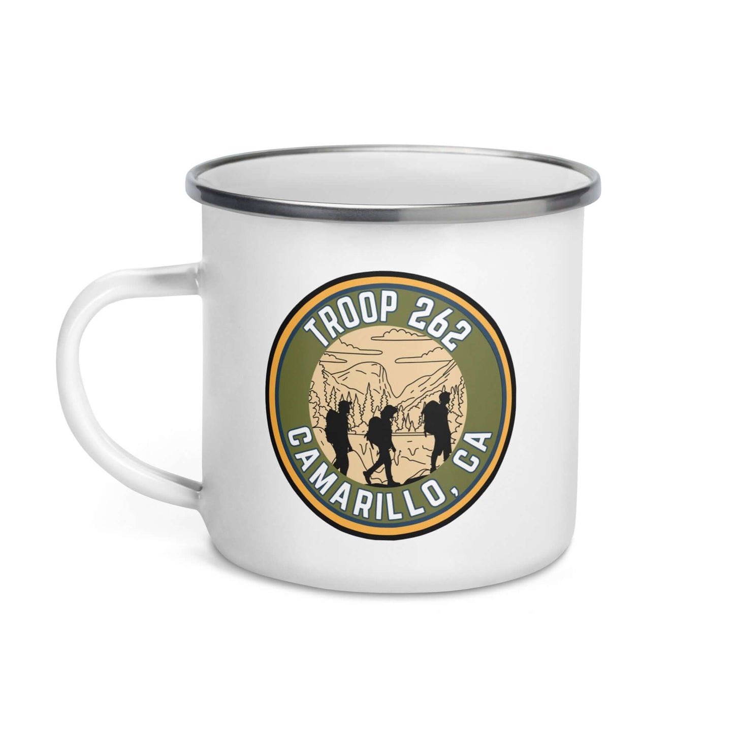 Enamel mug with Troop 262 design, featuring hikers and text 'Camarillo, CA', perfect for camping and outdoor activities.