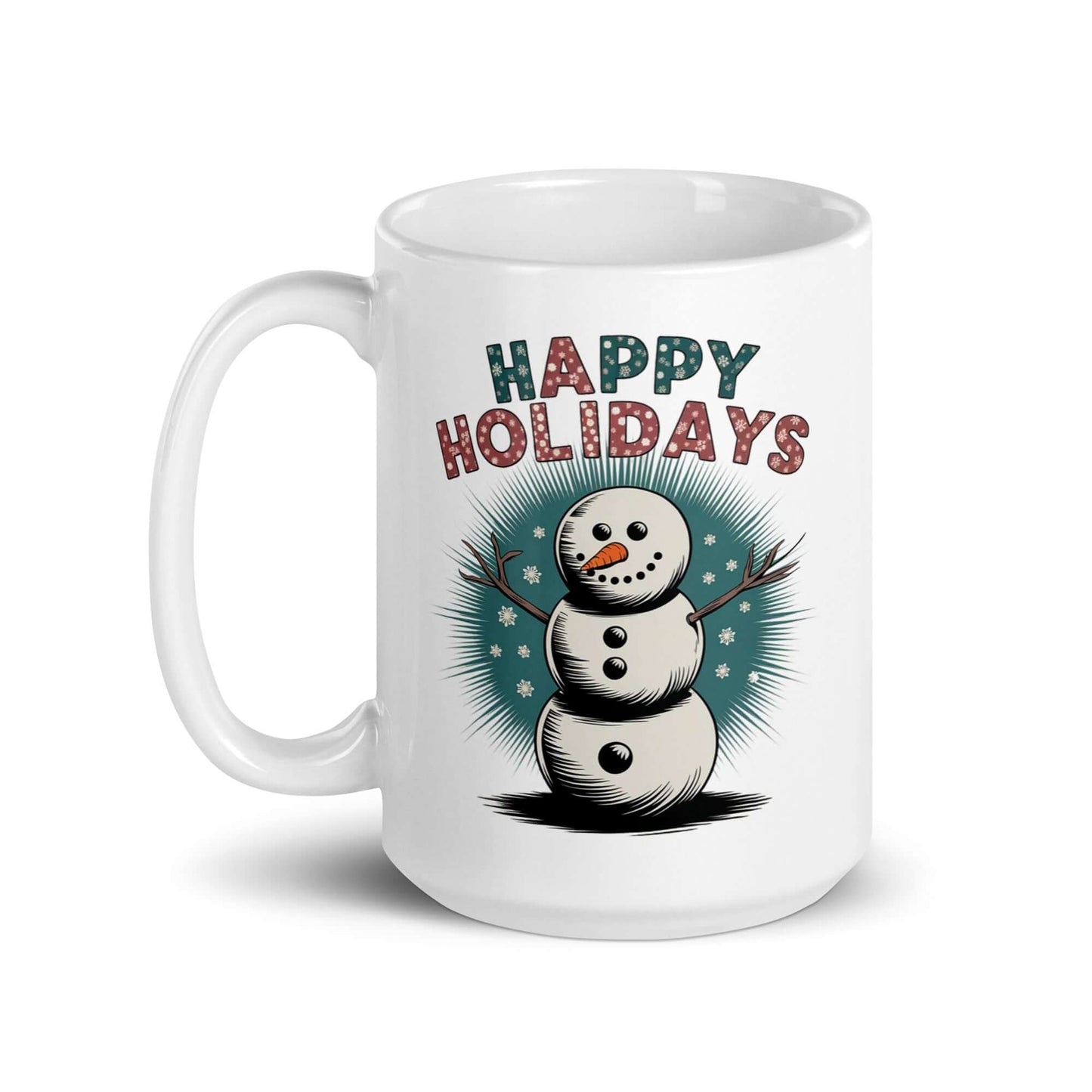 The Left side of Festive Snowman Holiday (15oz) Mug: Enjoy Warm Sips with 'Happy Holidays'