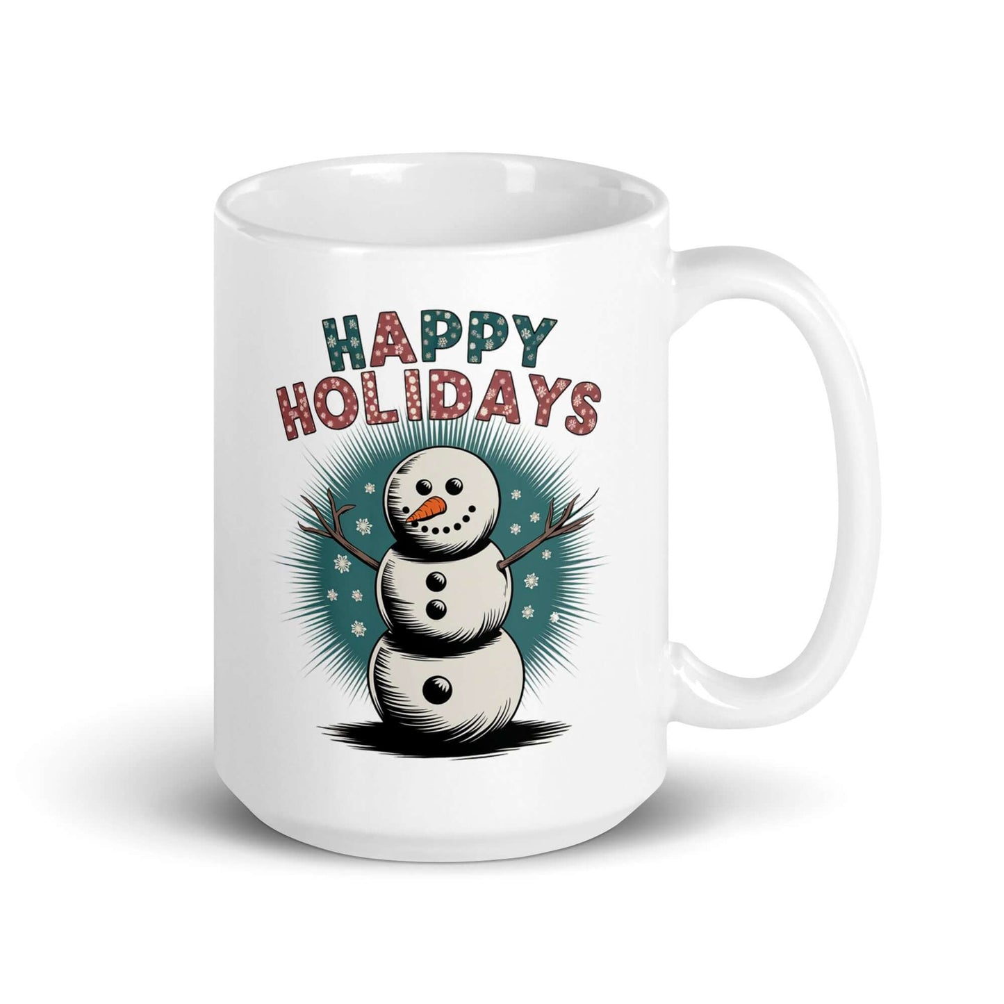 The Right side of Festive Snowman Holiday (15oz) Mug: Enjoy Warm Sips with 'Happy Holidays'