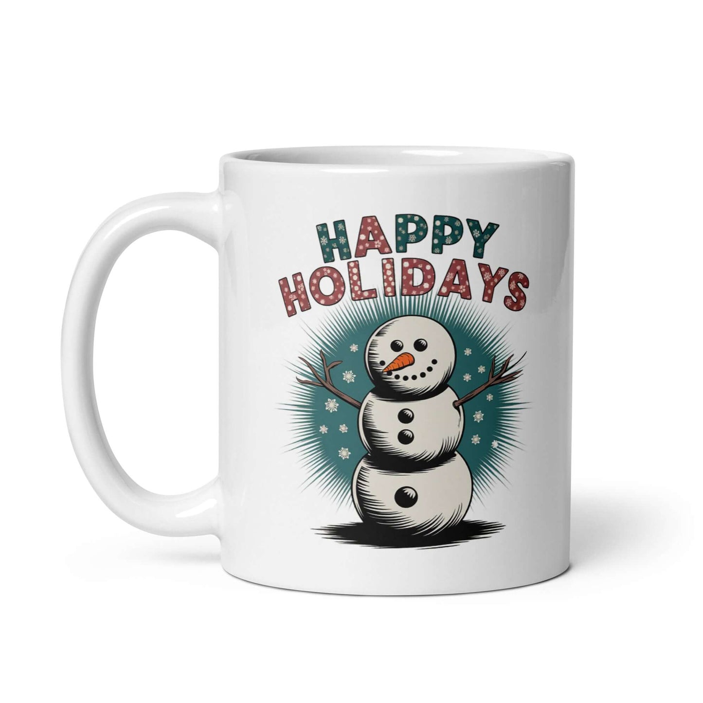 The Left side of Festive Snowman Holiday (11oz) Mug: Enjoy Warm Sips with 'Happy Holidays'