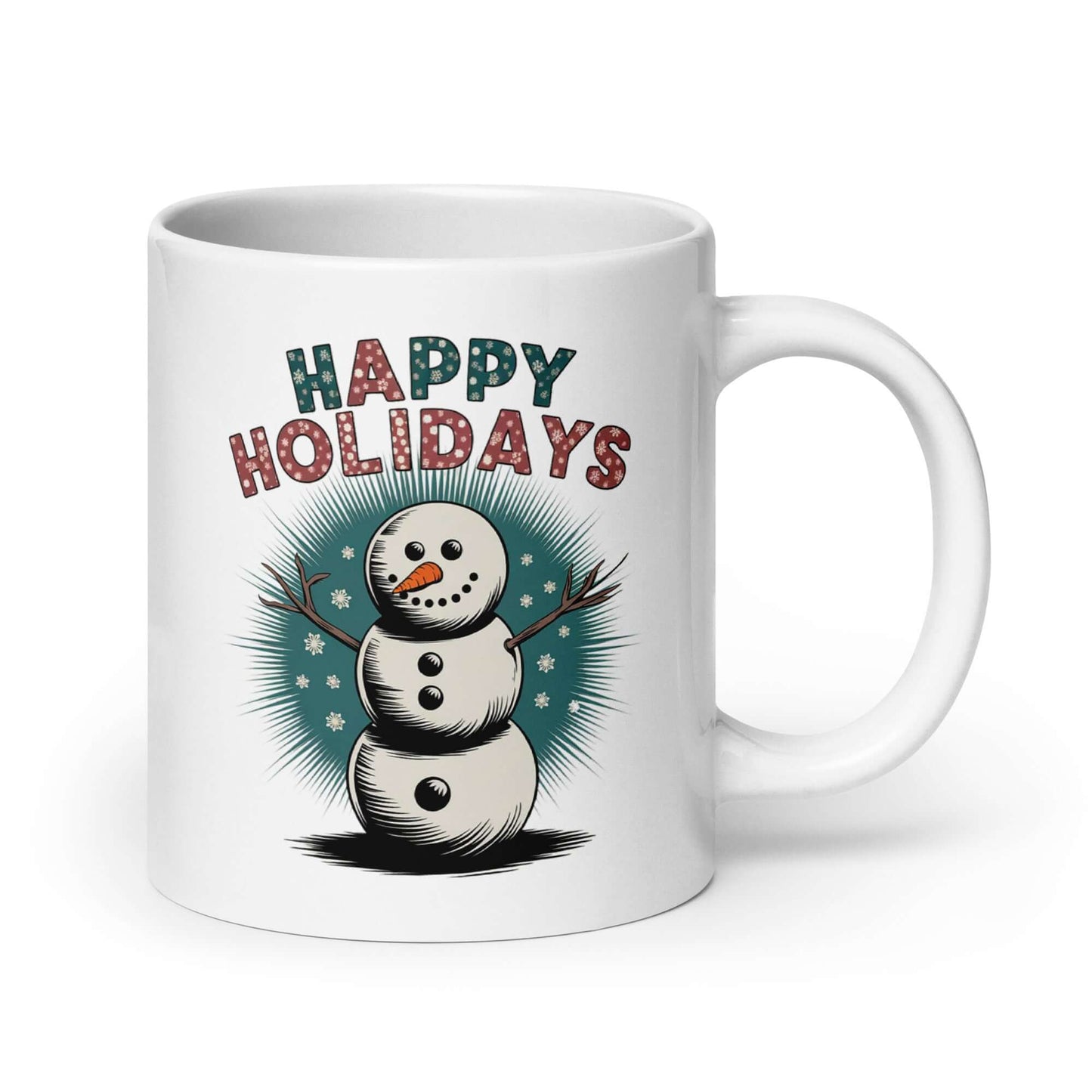 The Right side of Festive Snowman Holiday (20oz) Mug: Enjoy Warm Sips with 'Happy Holidays'