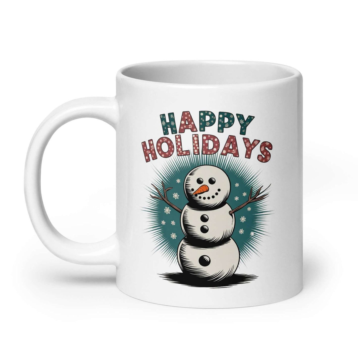 The Left side of Festive Snowman Holiday (20oz) Mug: Enjoy Warm Sips with 'Happy Holidays'