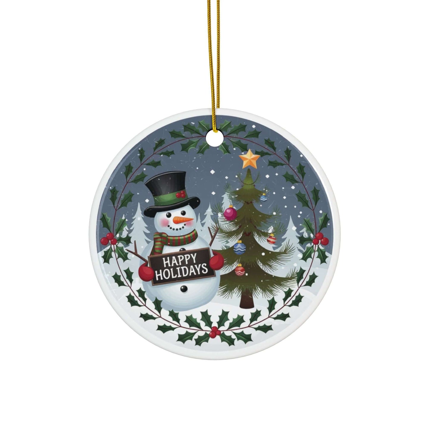 Festive ceramic ornament with snowman, Happy Holidays sign, and Christmas tree with a star, perfect for holiday décor.