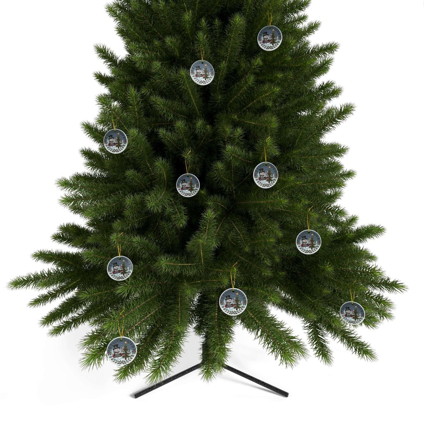 Christmas tree adorned with festive two-sided ceramic ornaments featuring jolly snowmen and colorful designs.