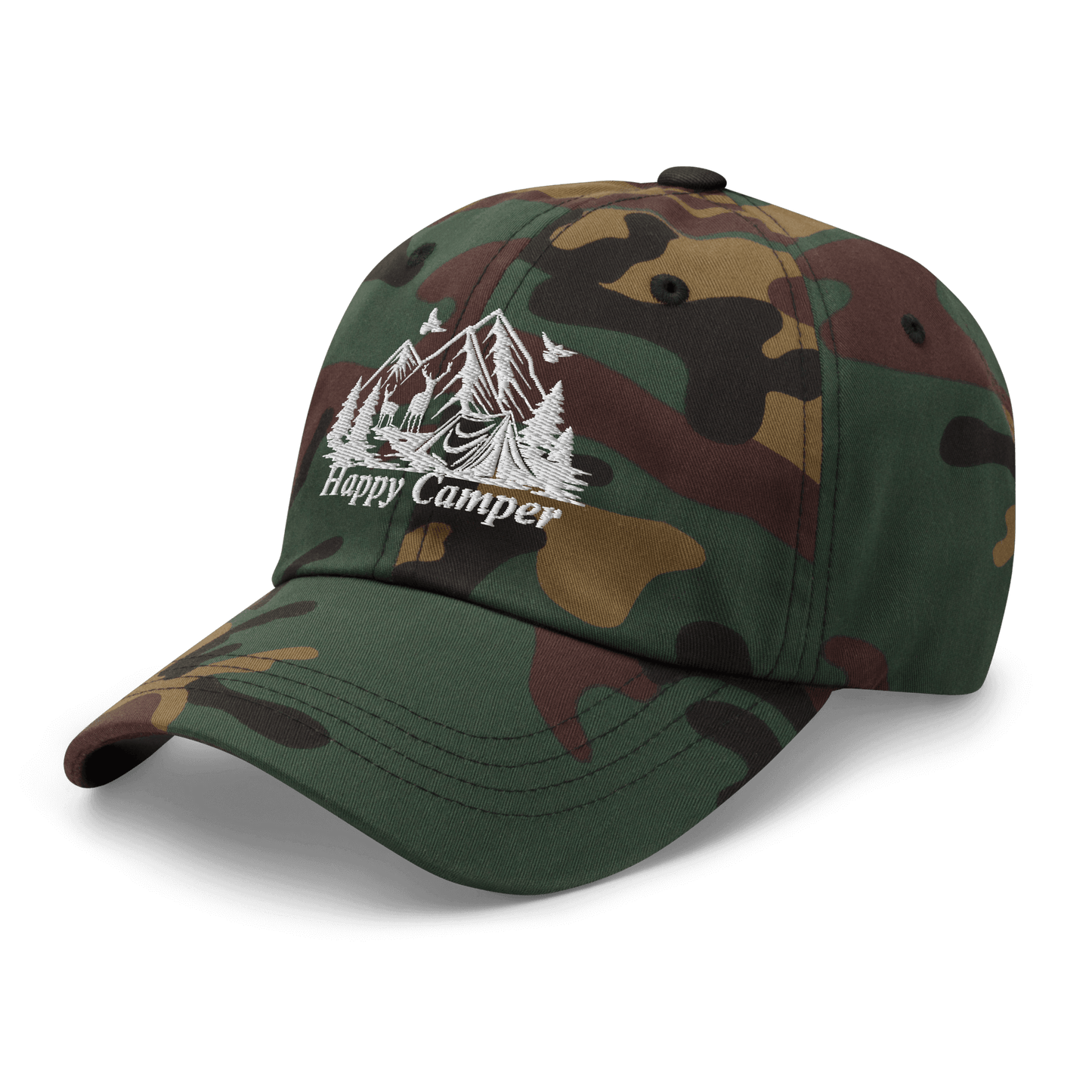 Happy Camper low profile cap in camouflage design with mountain embroidery, ideal for outdoor enthusiasts and camping trips.