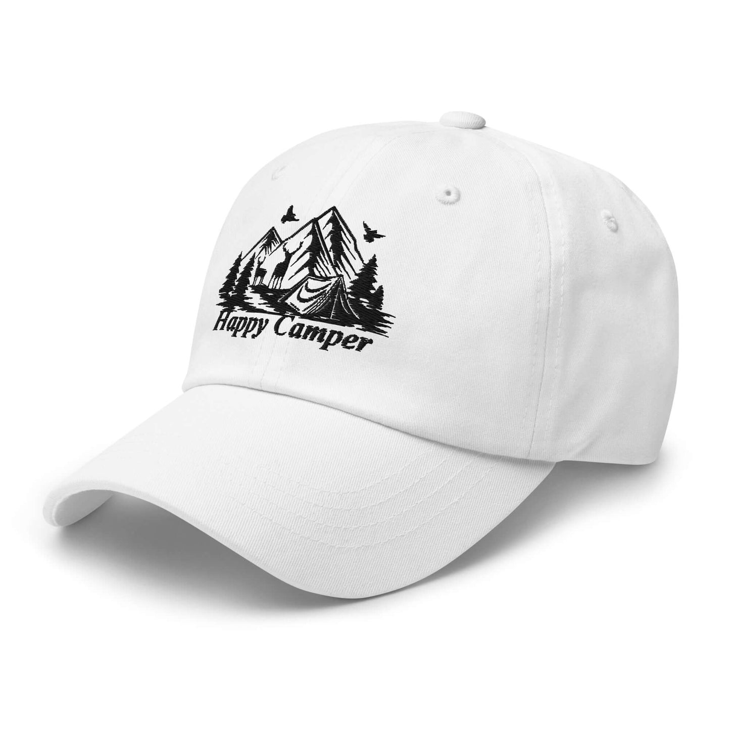 White Happy Camper Low Profile Cap with mountain and forest design, perfect for outdoor enthusiasts and nature lovers.