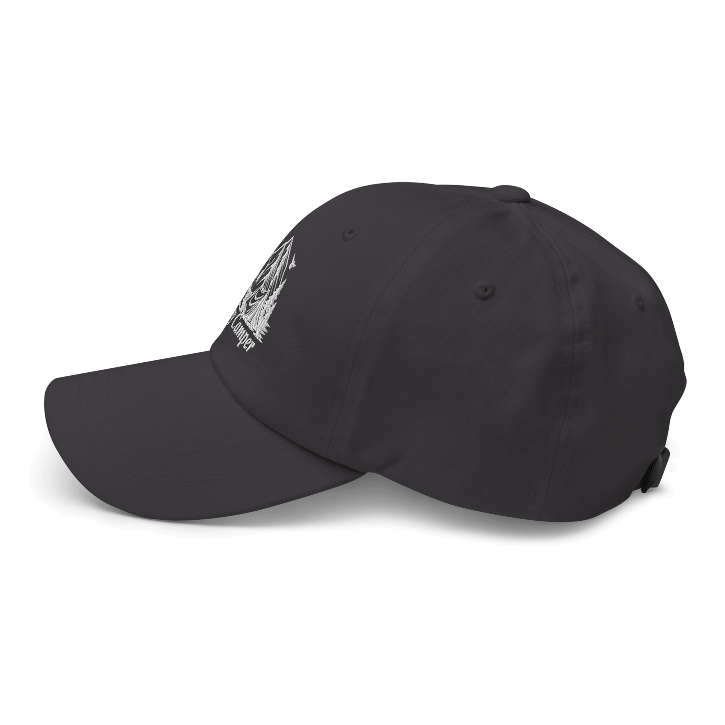 Happy Camper low profile cap in black, featuring camping-themed embroidery, ideal for outdoor enthusiasts and nature lovers.