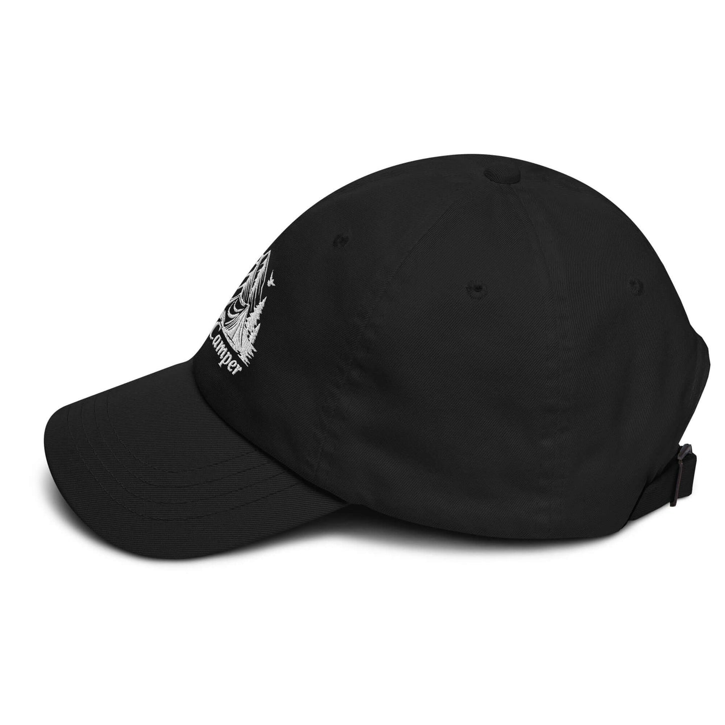 Black Happy Camper Low Profile Cap with outdoor design and adjustable back, ideal for camping and nature lovers.