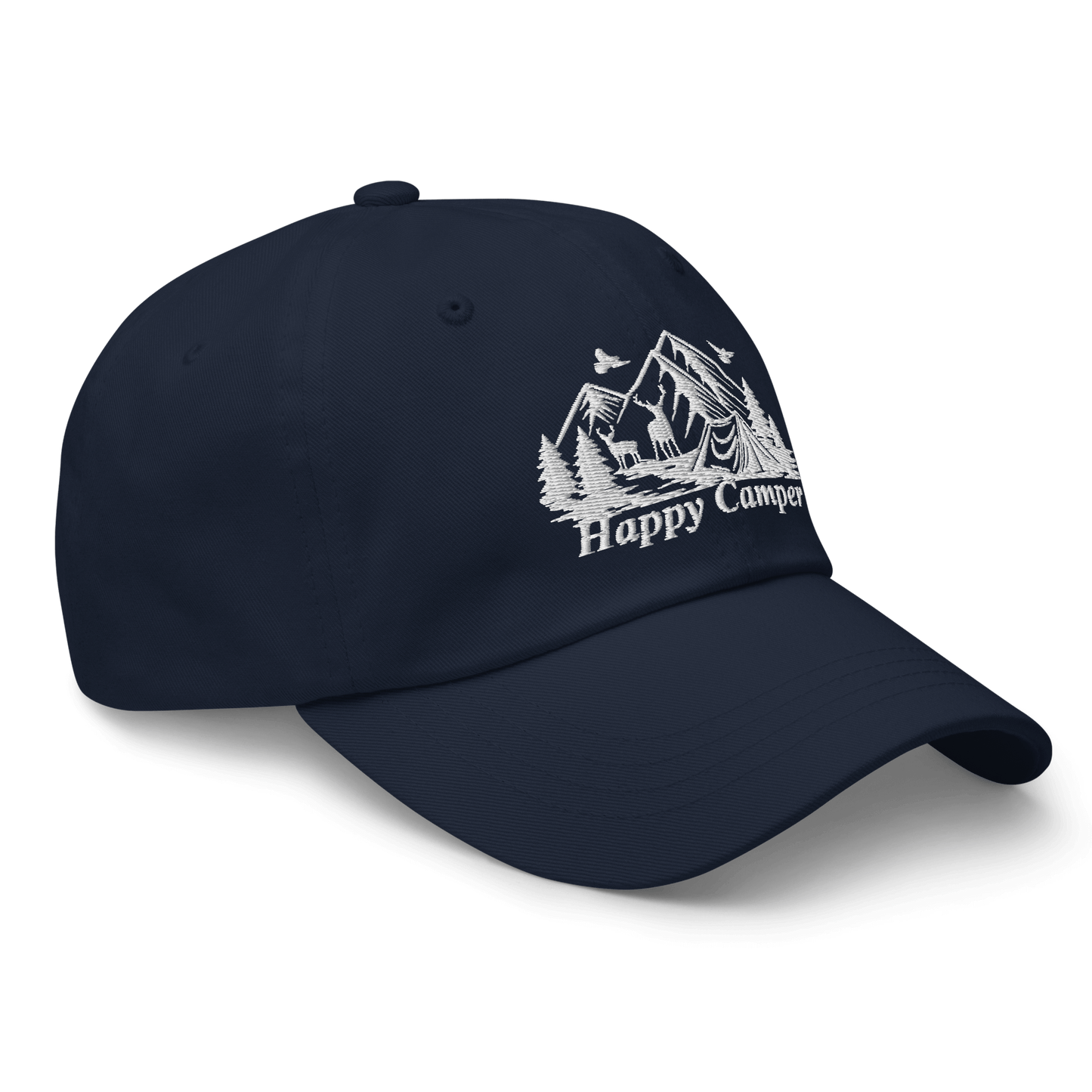Happy Camper low profile cap with nature-themed embroidery, perfect for outdoor enthusiasts and camping trips.