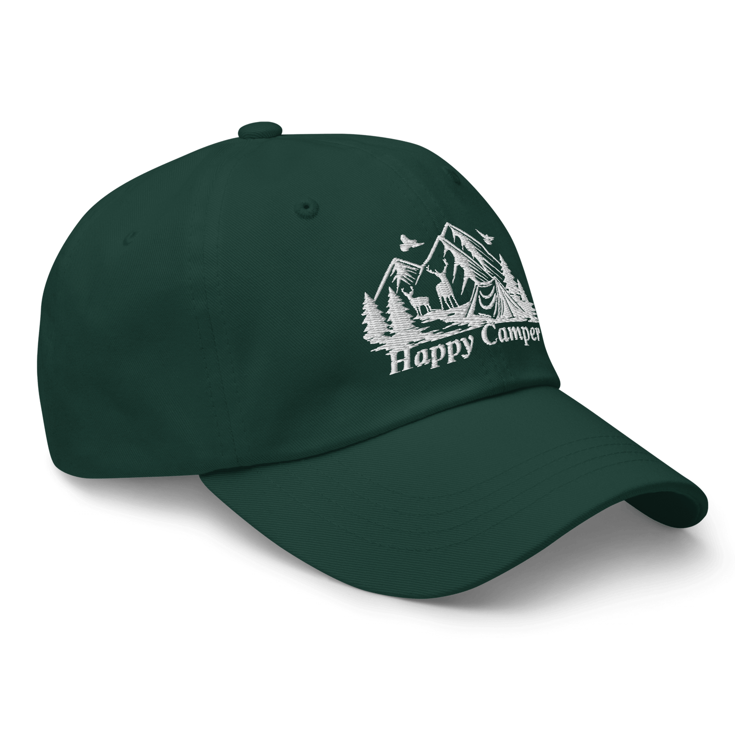 Green Happy Camper low profile cap with nature embroidery design.