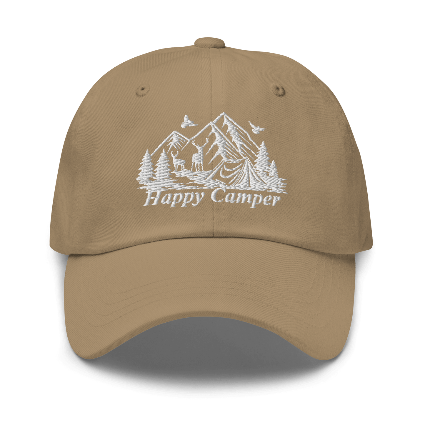 Tan Happy Camper hat with mountain and forest embroidery, ideal for outdoor adventures and camping trips.